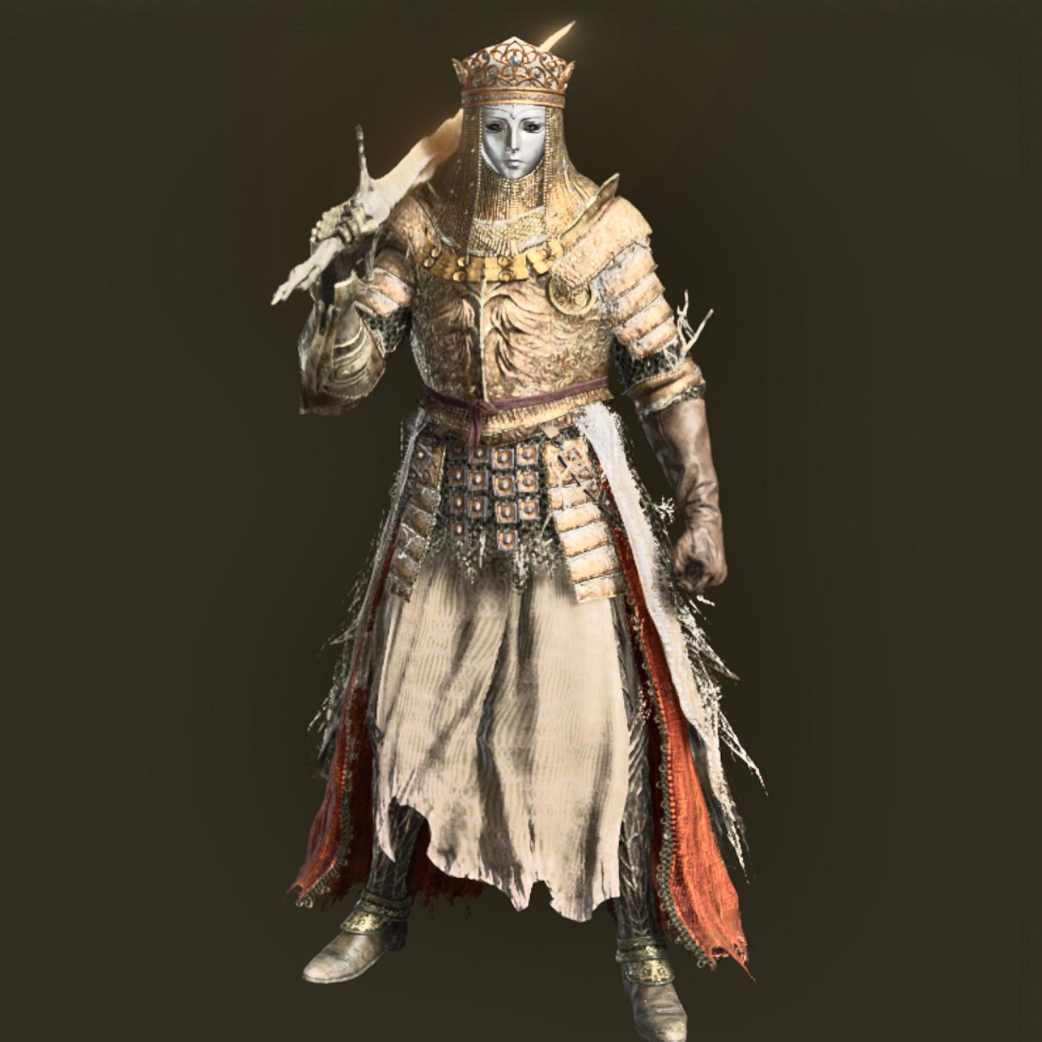 Consort’s Mask, Cleanrot Armor, Malenia’s Gauntlet, Nox Greaves r