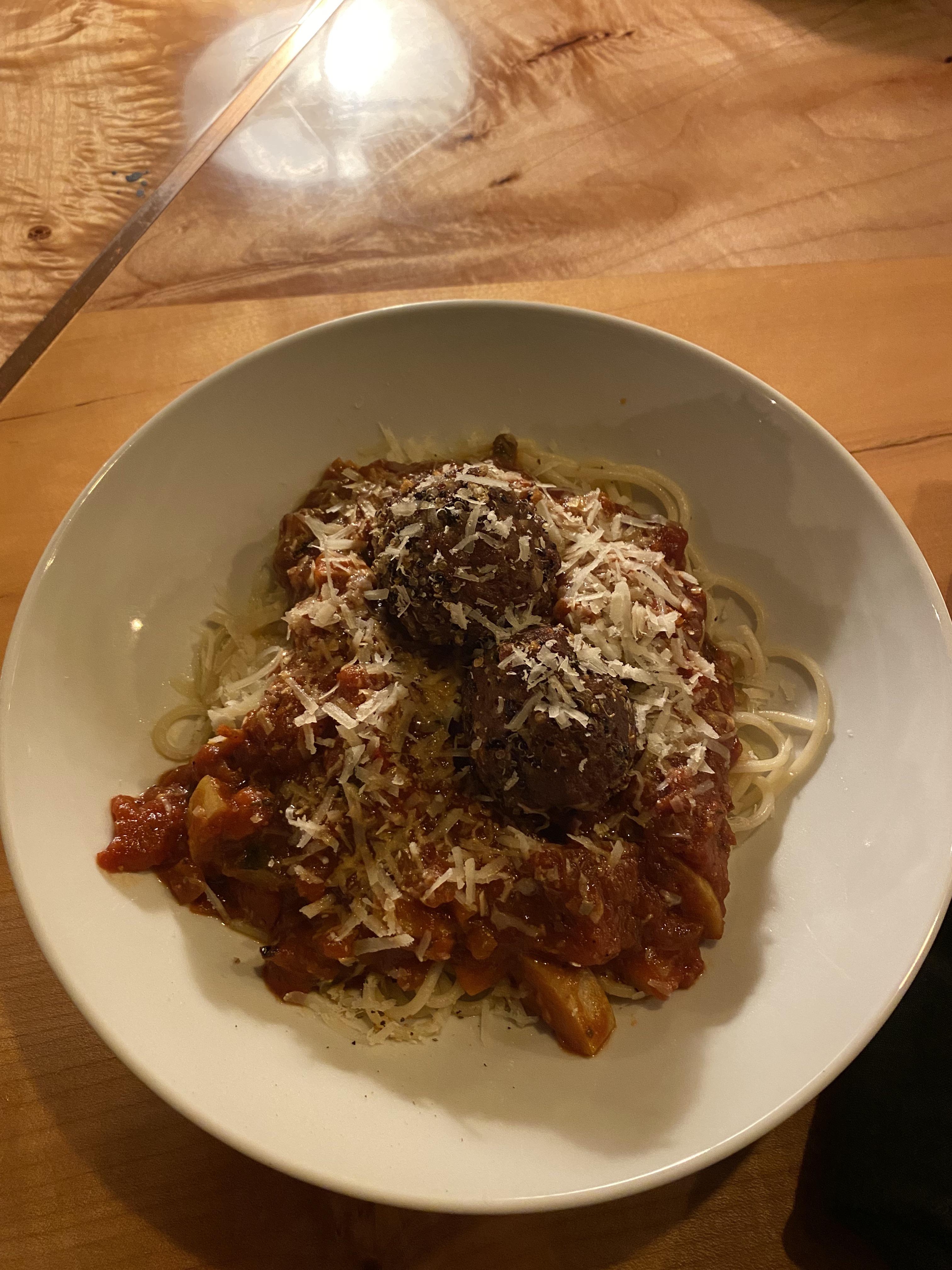 Impossible Meatball+Quinoa Pasta at Gilman House (vegan/veg friendly