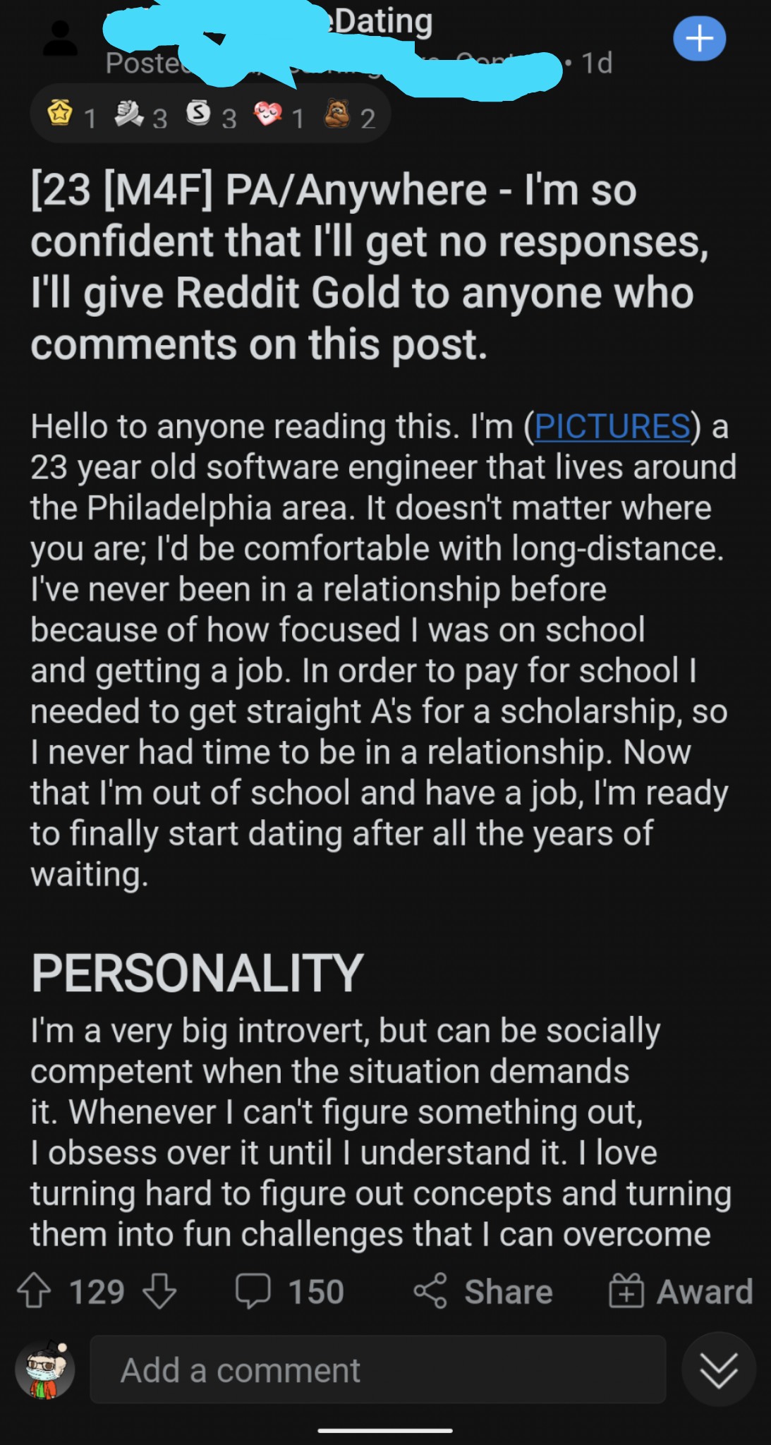 Guy posts on a dating subreddit & promises to give gold to anyone who