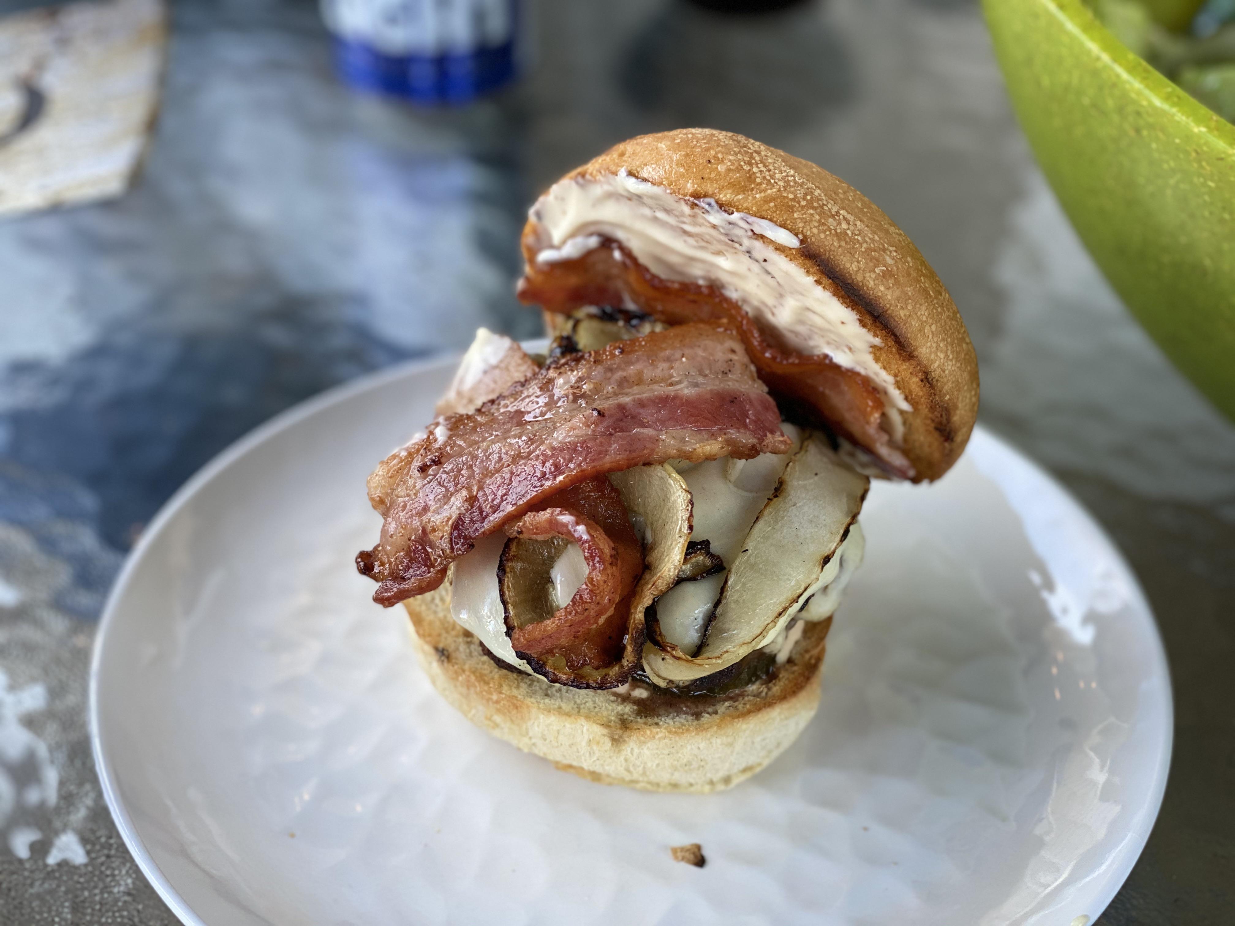 Bacon Provolone Burger with Grilled Onions. r/burgers