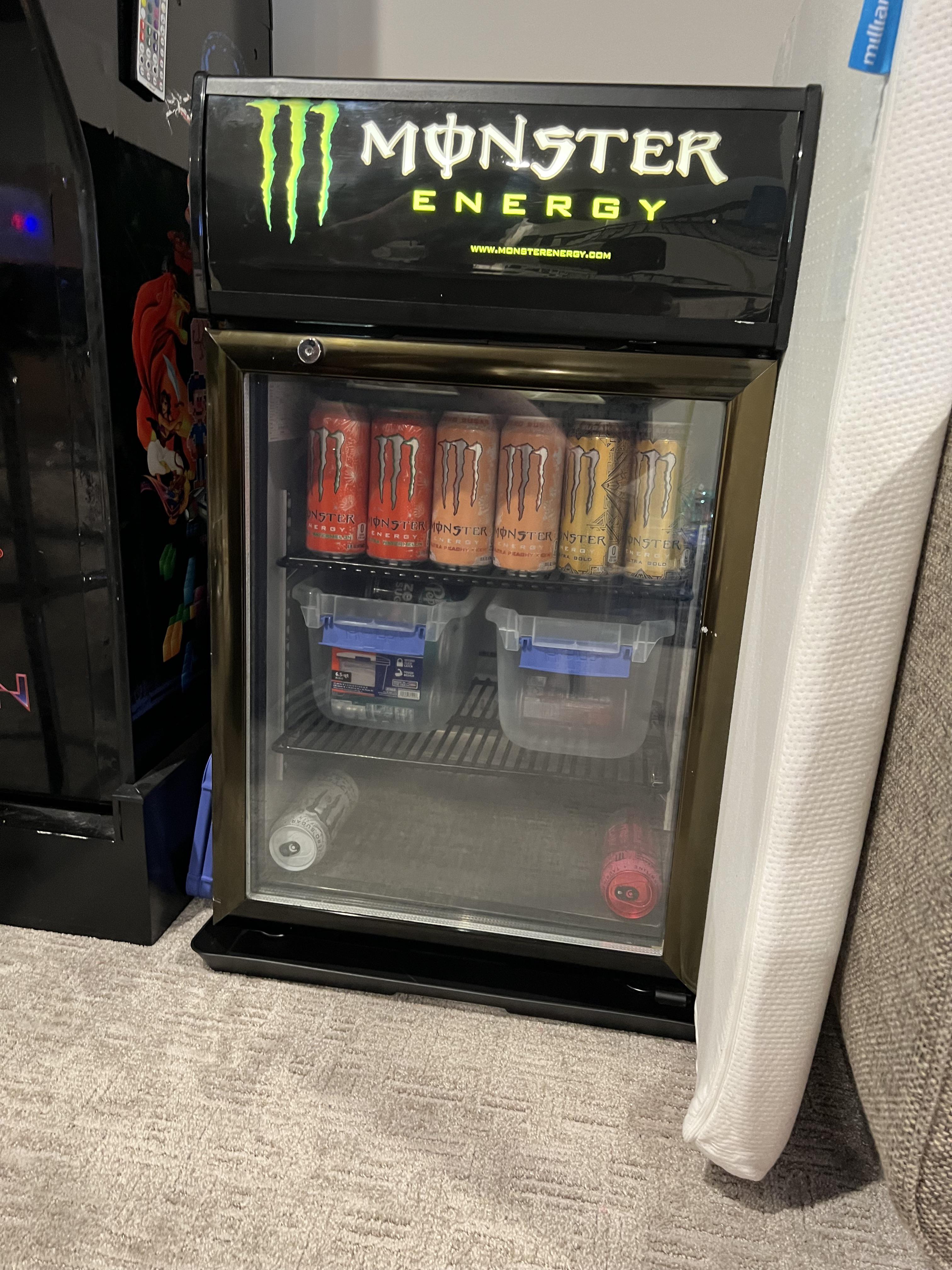 My stocked up Monster mini fridge. Found it on FB marketplace. r