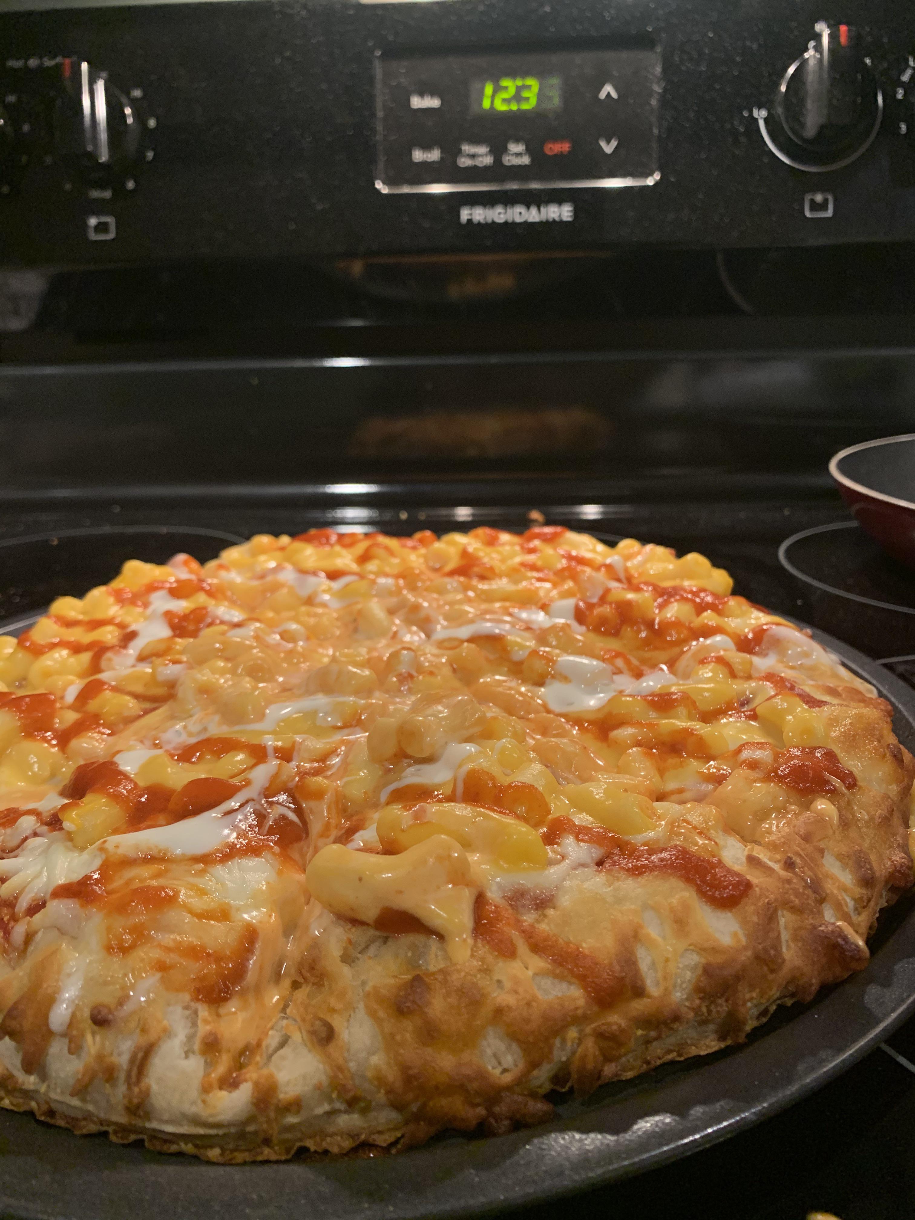 My masterpiece Digiorno‘s mac and Stouffer’s pizza with Sriracha and