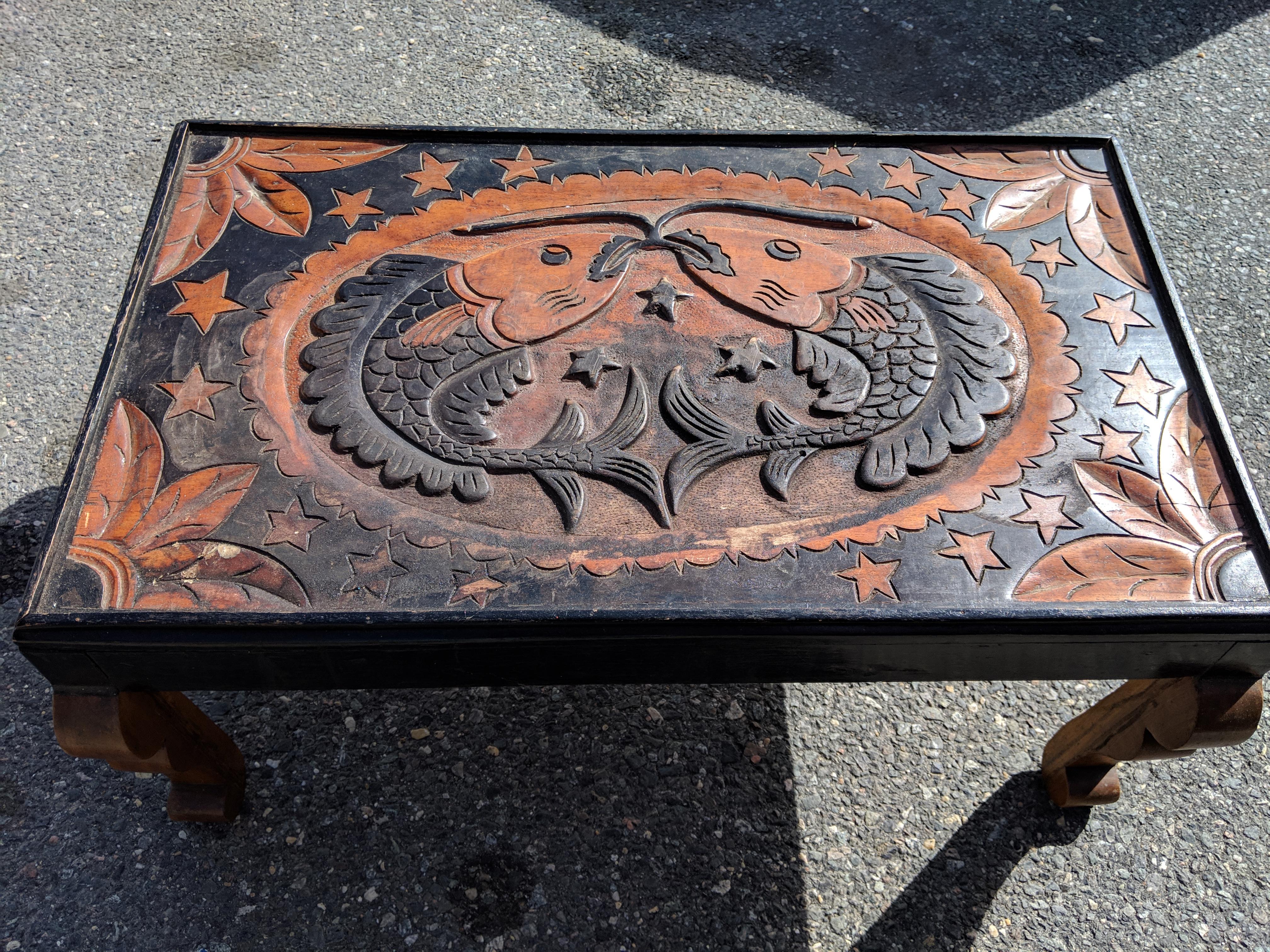 Pretty sure a hand carved coffee table I bought for 20. It is filthy