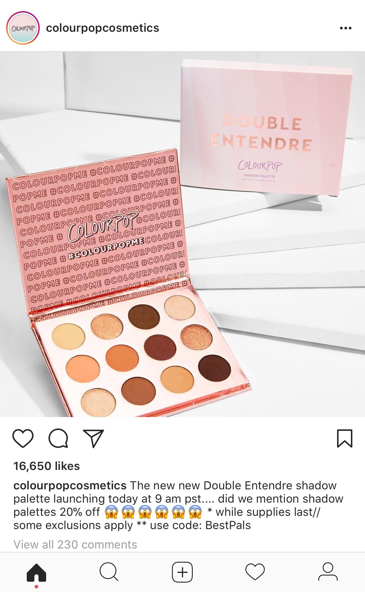 Colourpop new eyeshadow palette Double Entendre + 20 off select