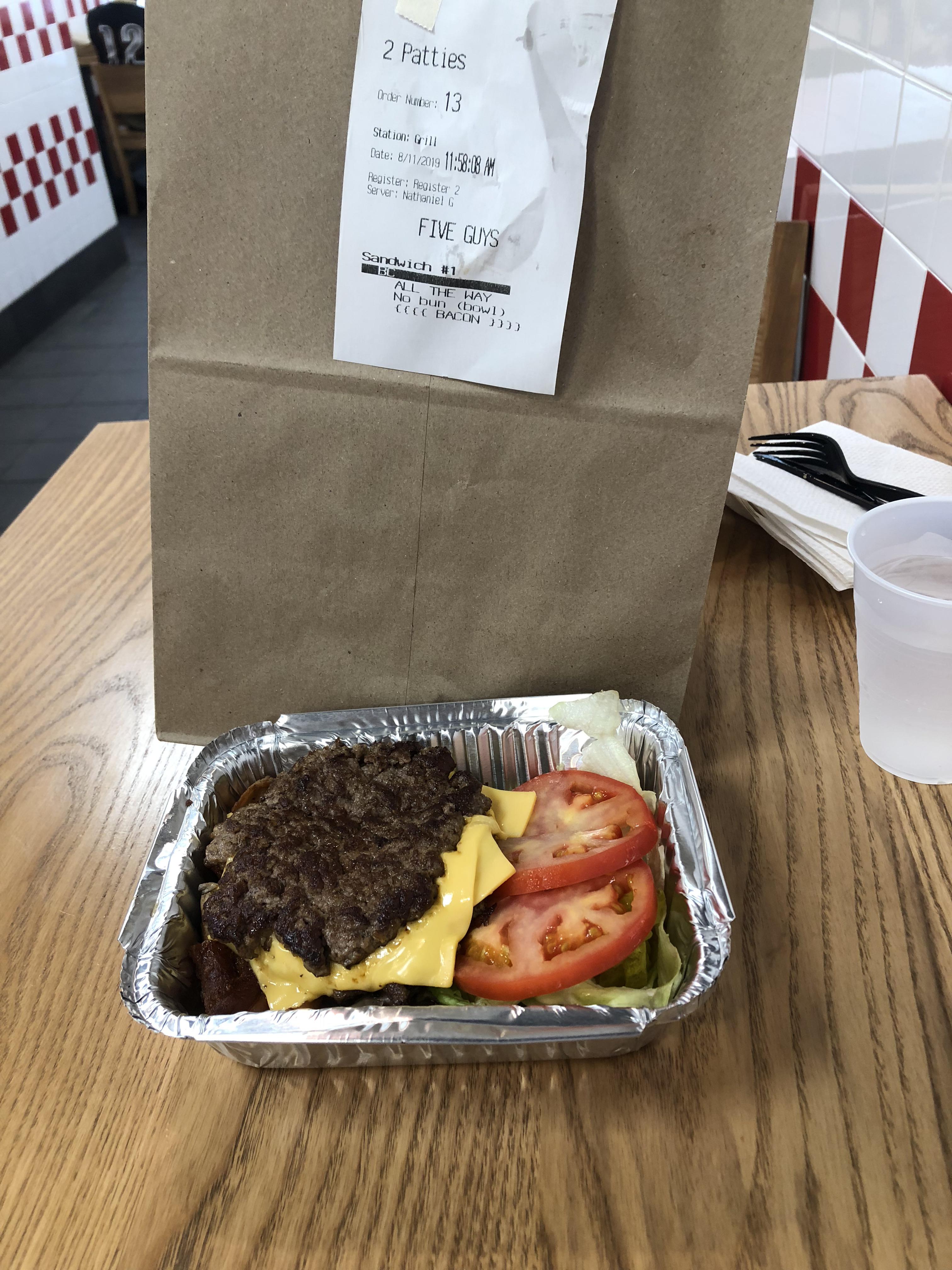 My lunch, sans bun and in a bowl, five guys intermittentfasting