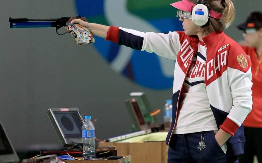 Air Pistol Gold Medalist Vitalina Batsarashkina wearing a Wolf School