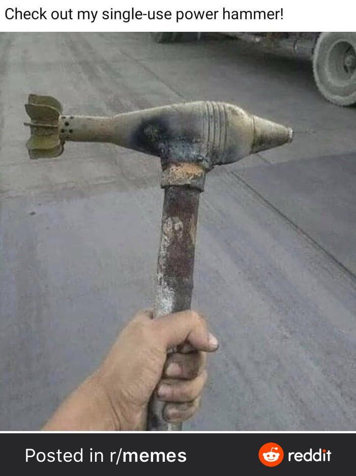 Rocket Hammer. Deals massive knockback damage to target, but breaks