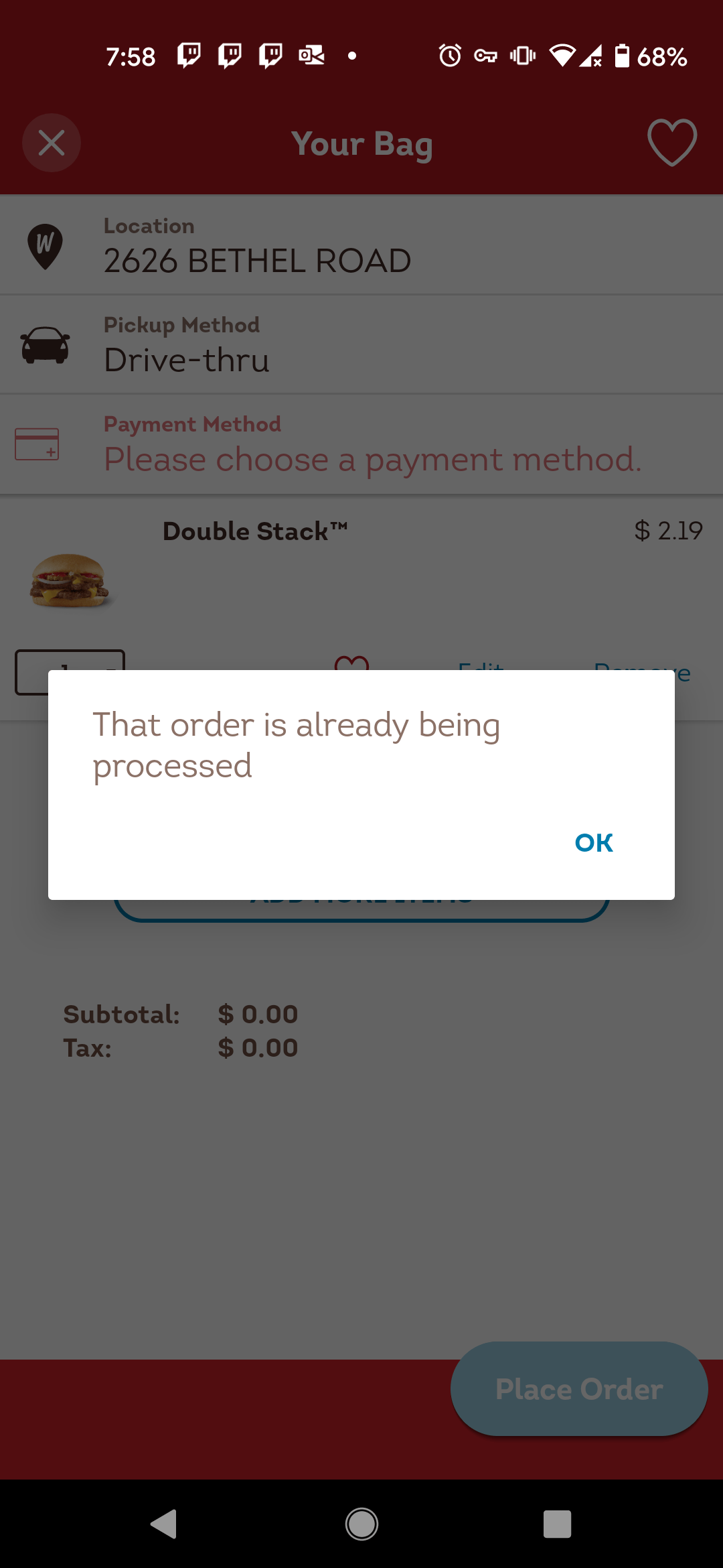 App permanently stuck on "that order is already being processed" no