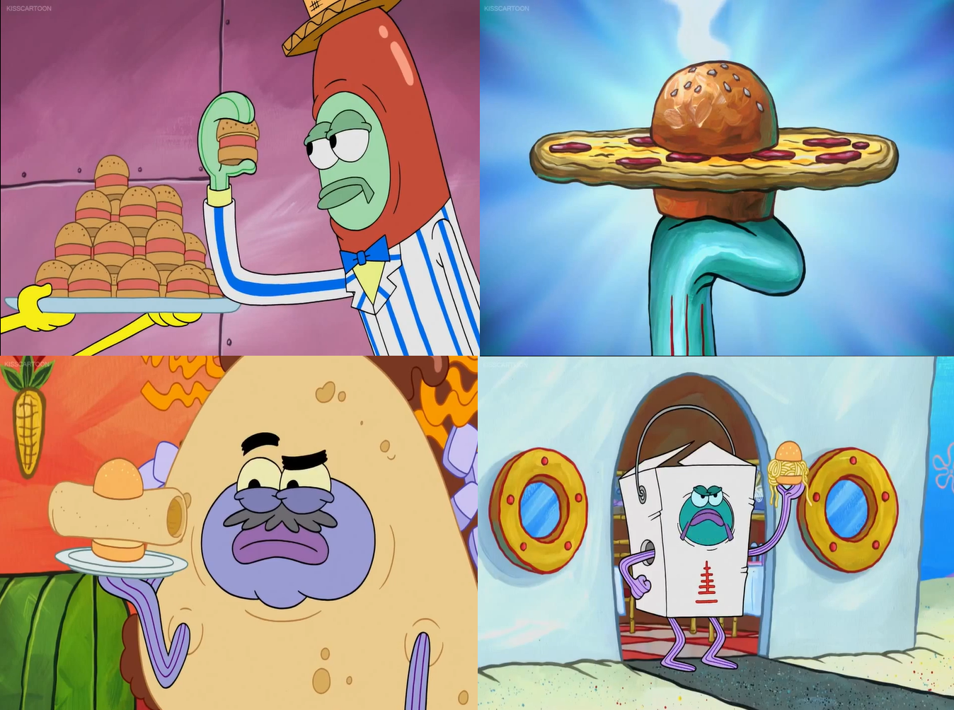 Weenie Patty, Pizza Patty, Burrito Patty, and Noodle Patty from