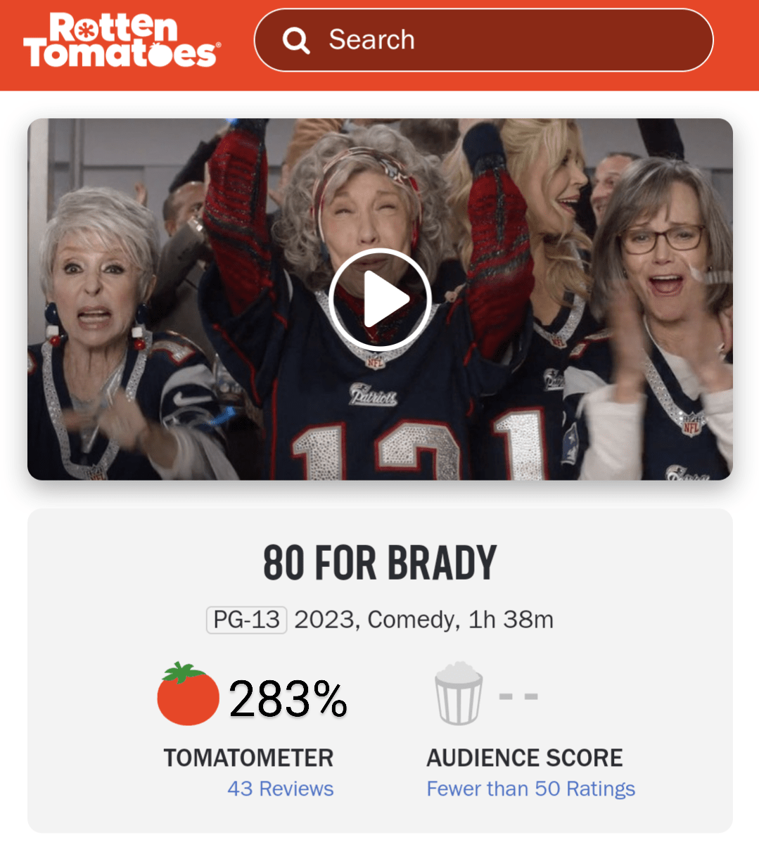 80 For Brady is officially the highest rated movie on rotten tomatoes