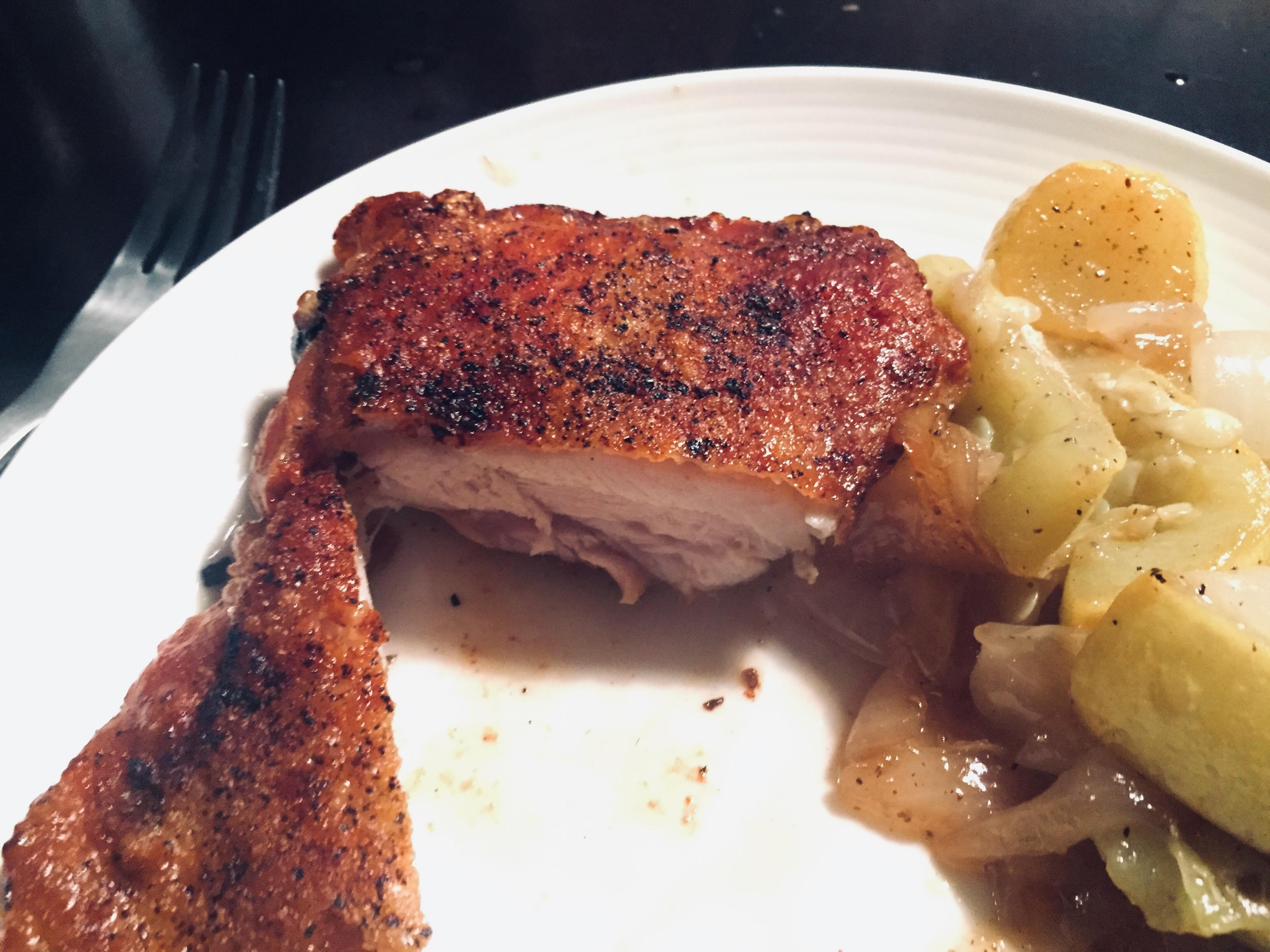 Panfried & ovenbaked chicken thigh with brown sugar squash and onions