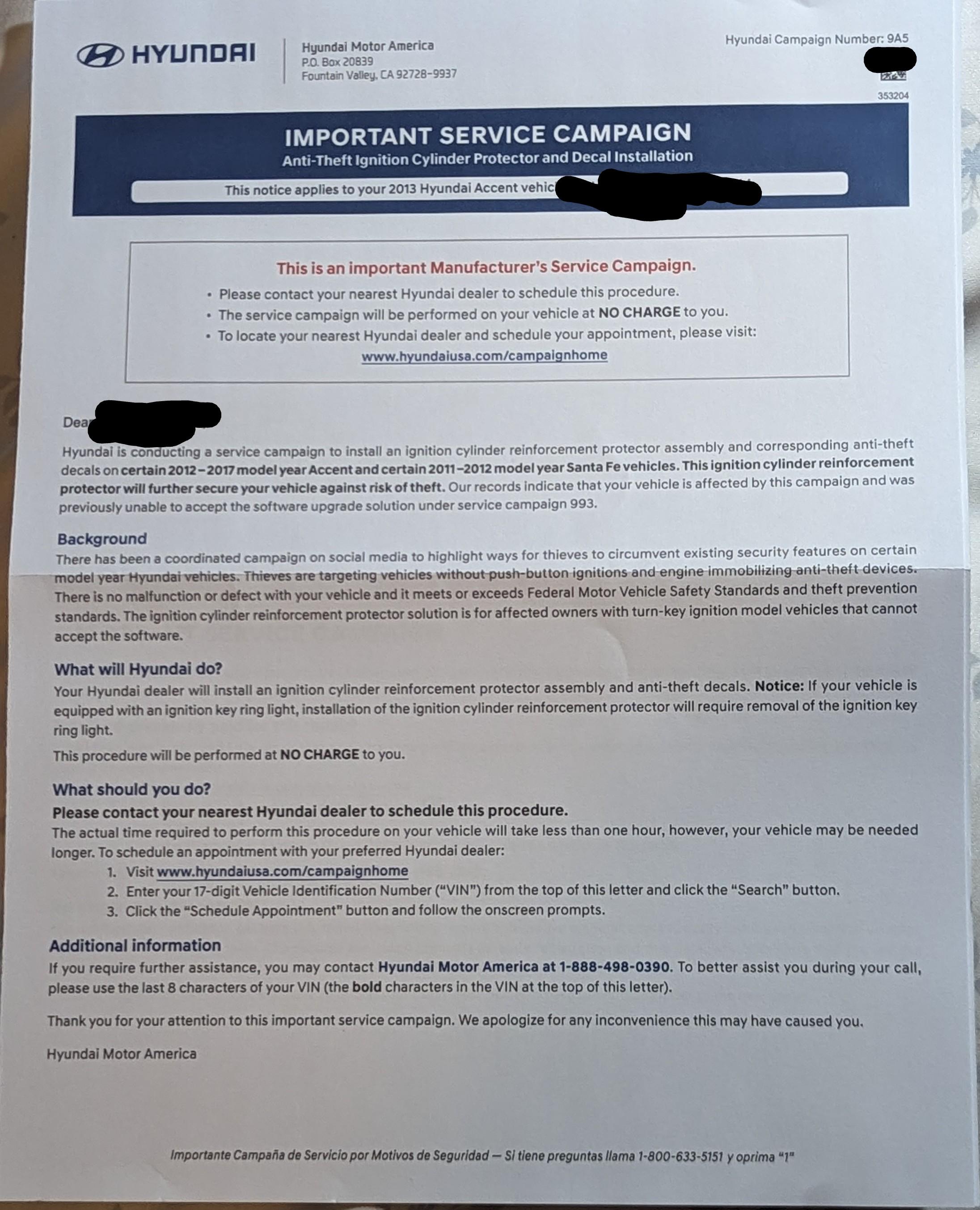 AntiTheft Ignition Cylinder Protector Recall r/Hyundai