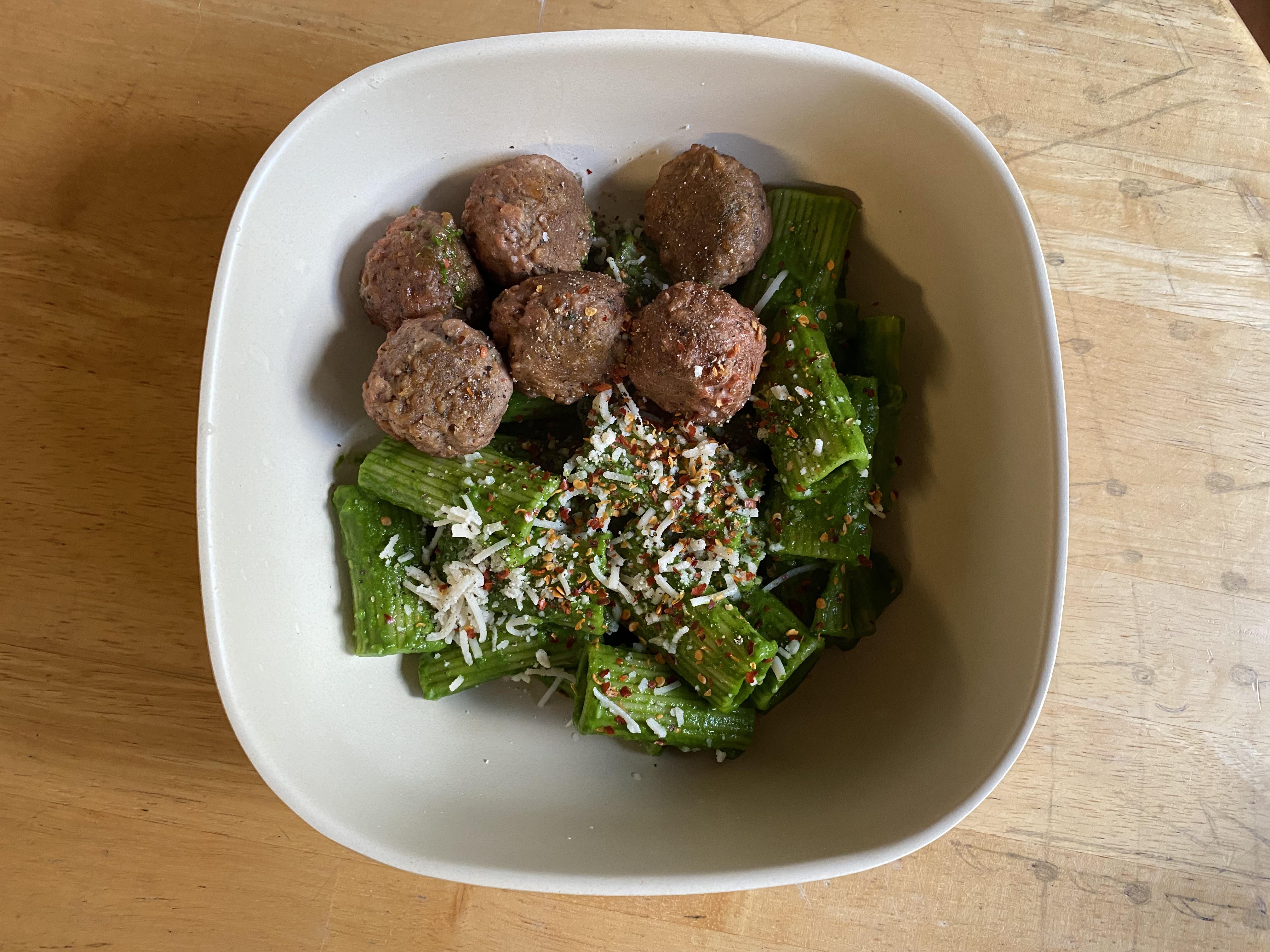 Rigatoni with Joshua McFadden’s kale sauce and beyond meatballs r