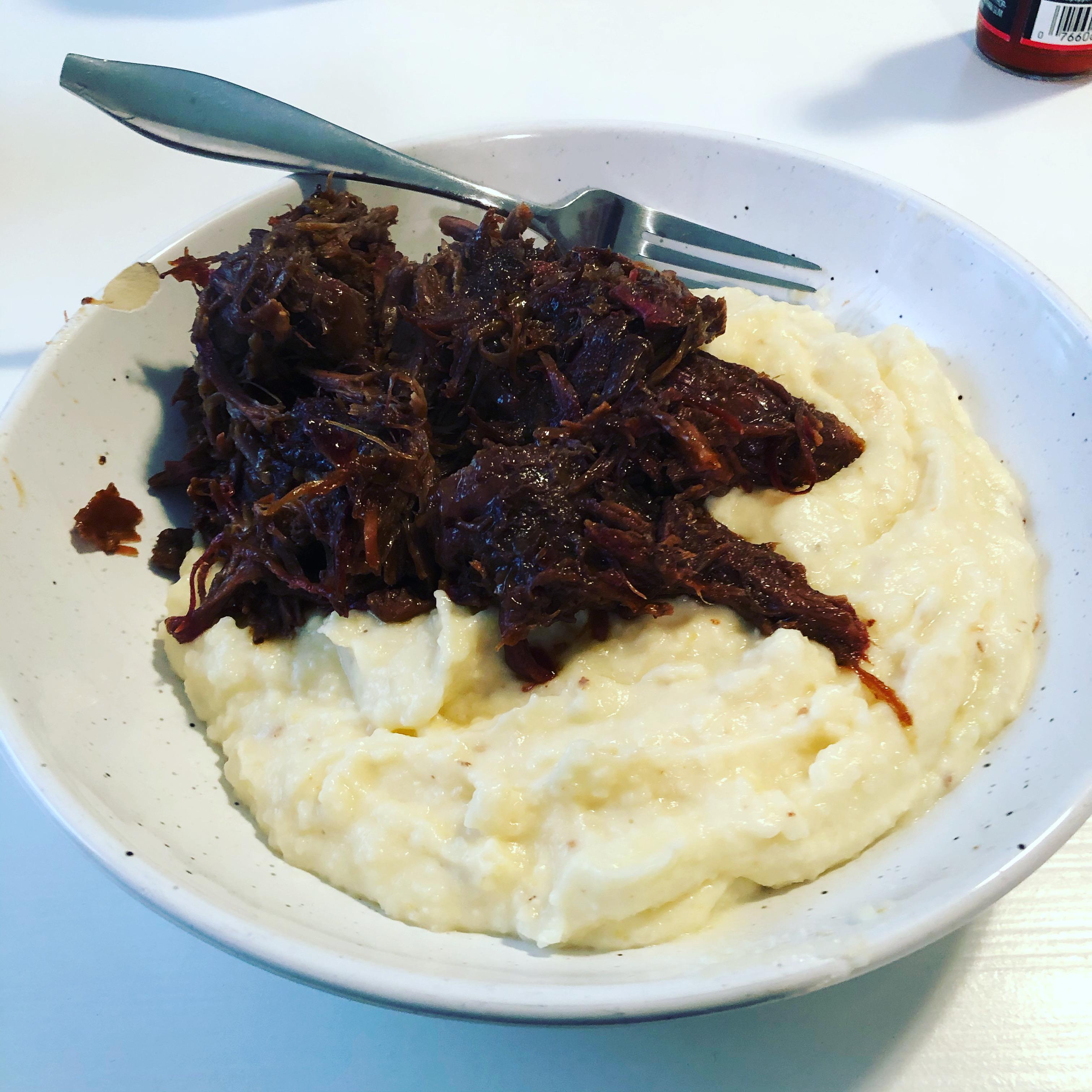 Leftover Mississippi pot roast. Why not add grits. smoking