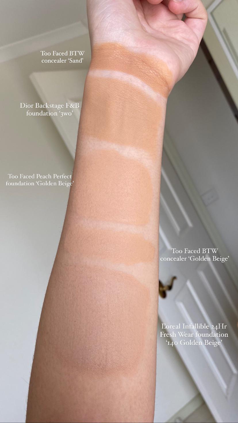 Lightmedium, yellow undertone foundations Dior, Too Faced, L’oreal