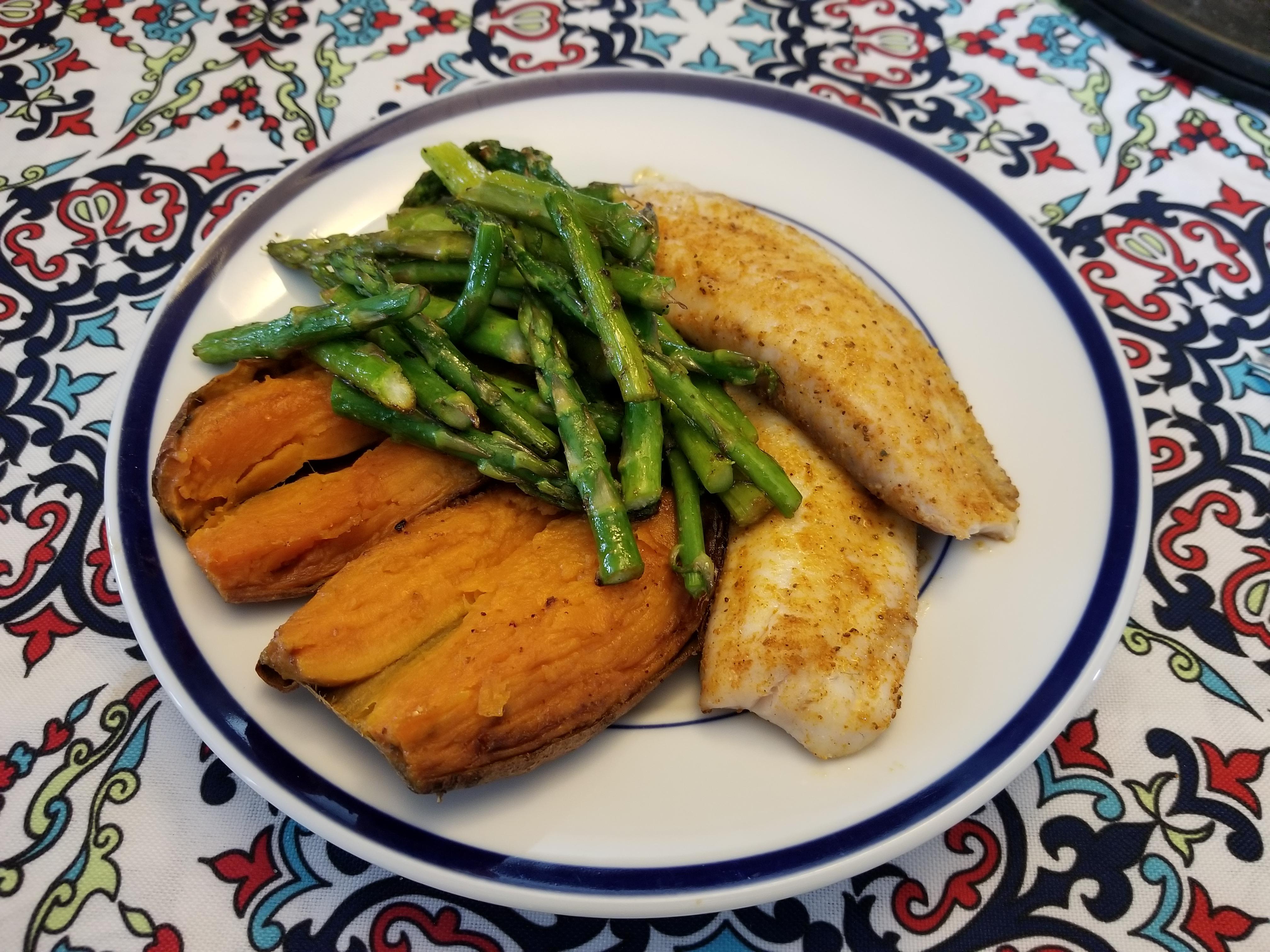 Fast and easy! Broiled Old Bay Tilapia, Garlicky Asparagus, & a Slow