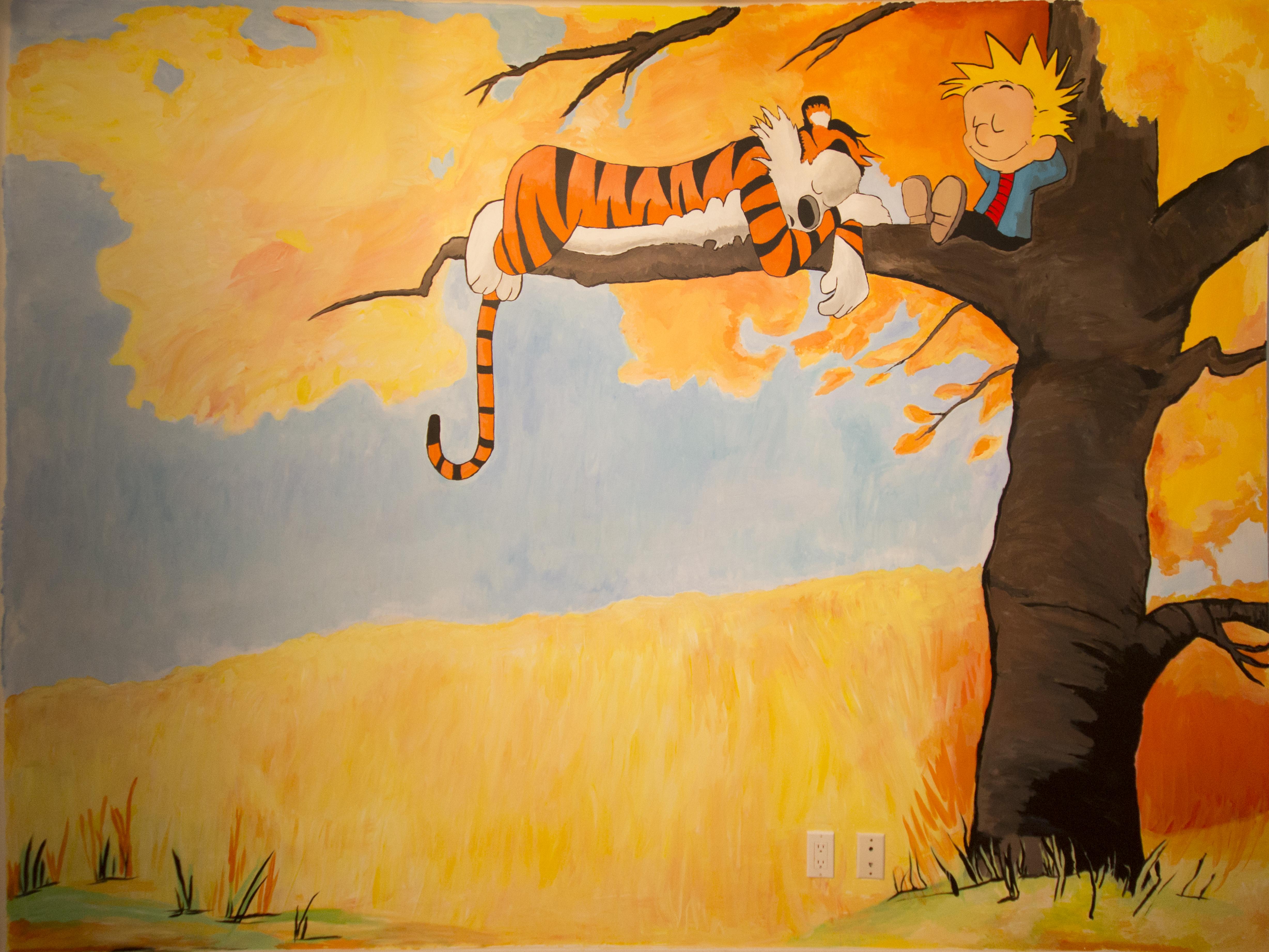 Mural of Calvin and Hobbes for my sons room. I sketched it from one I