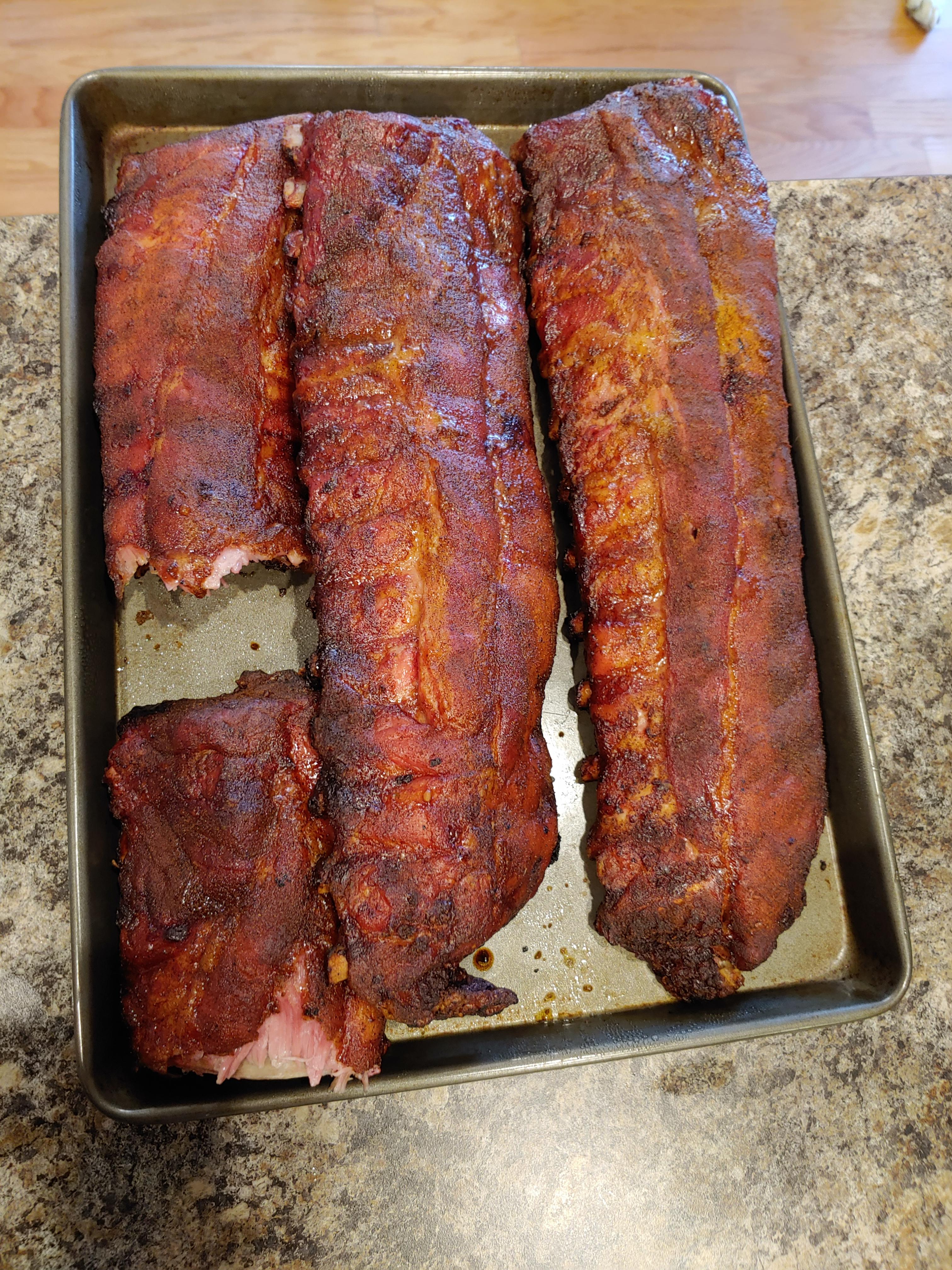 5.5 hours, maple/hickory/pecan smoked ribs. Fell apart when taking off