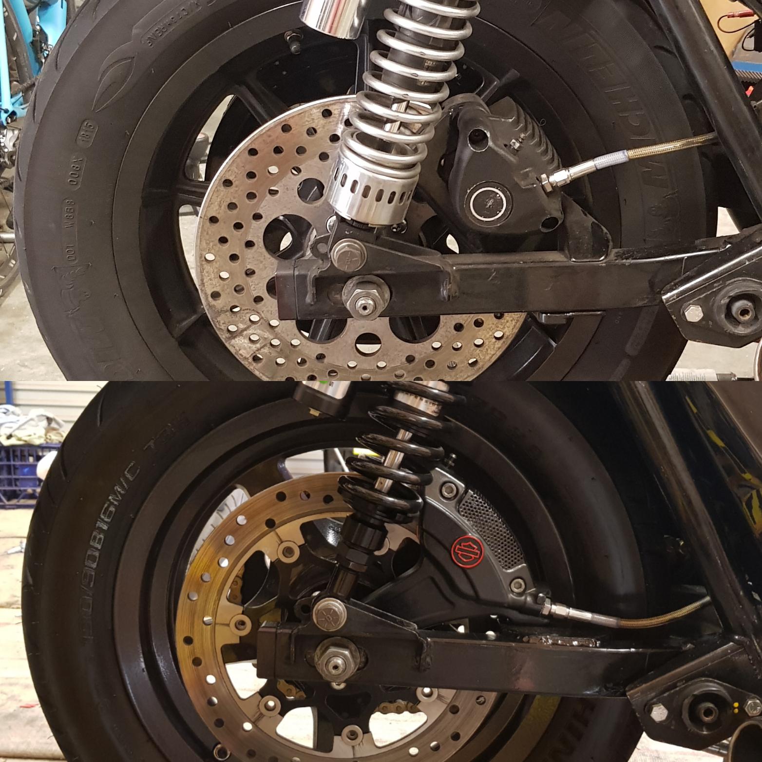 Before and after, rear brake upgrade. r/Harley