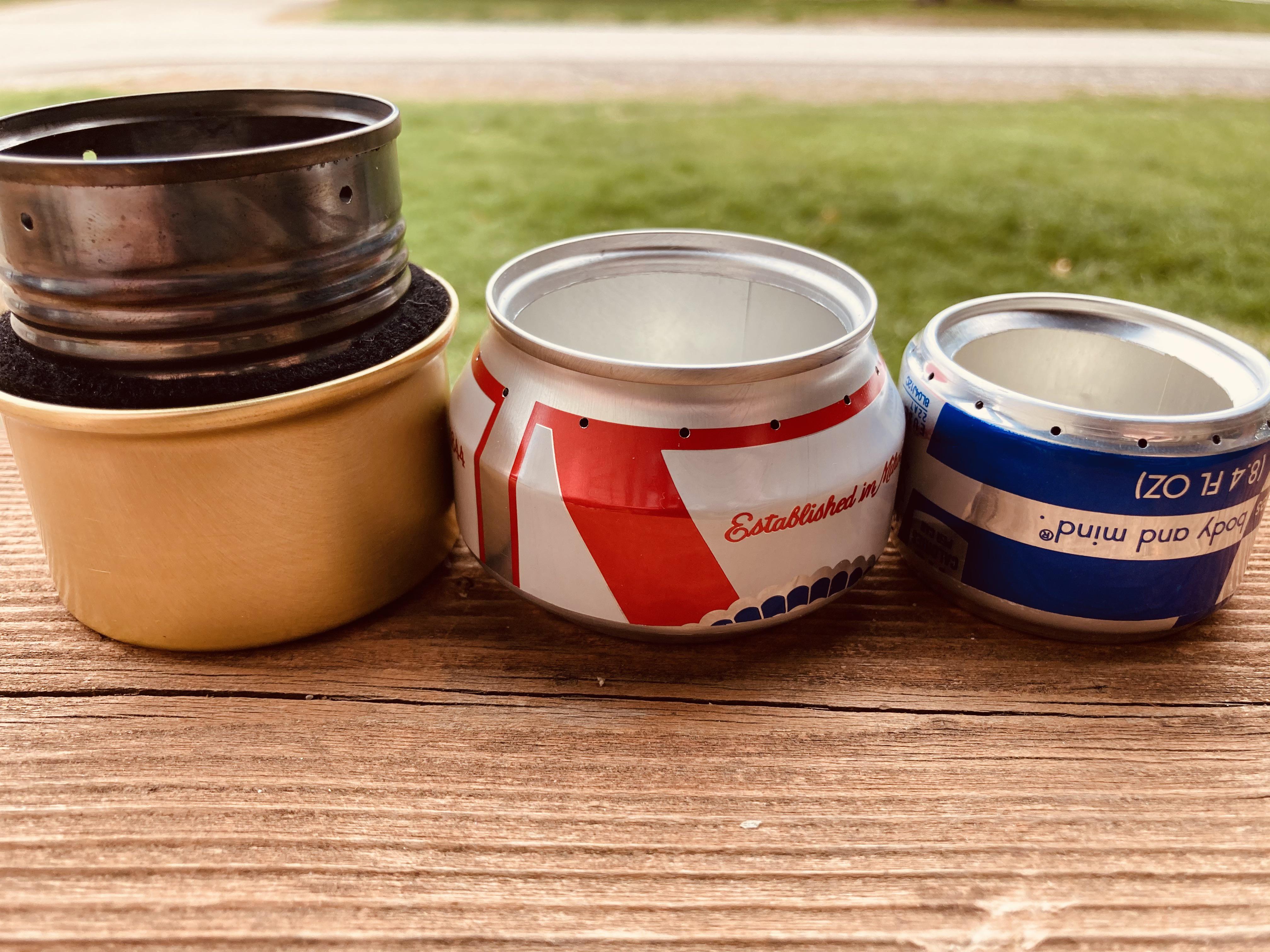 The three different sizes of alcohol stoves I’ve made. (Left to right 28g, 10g, 7g) r/myog