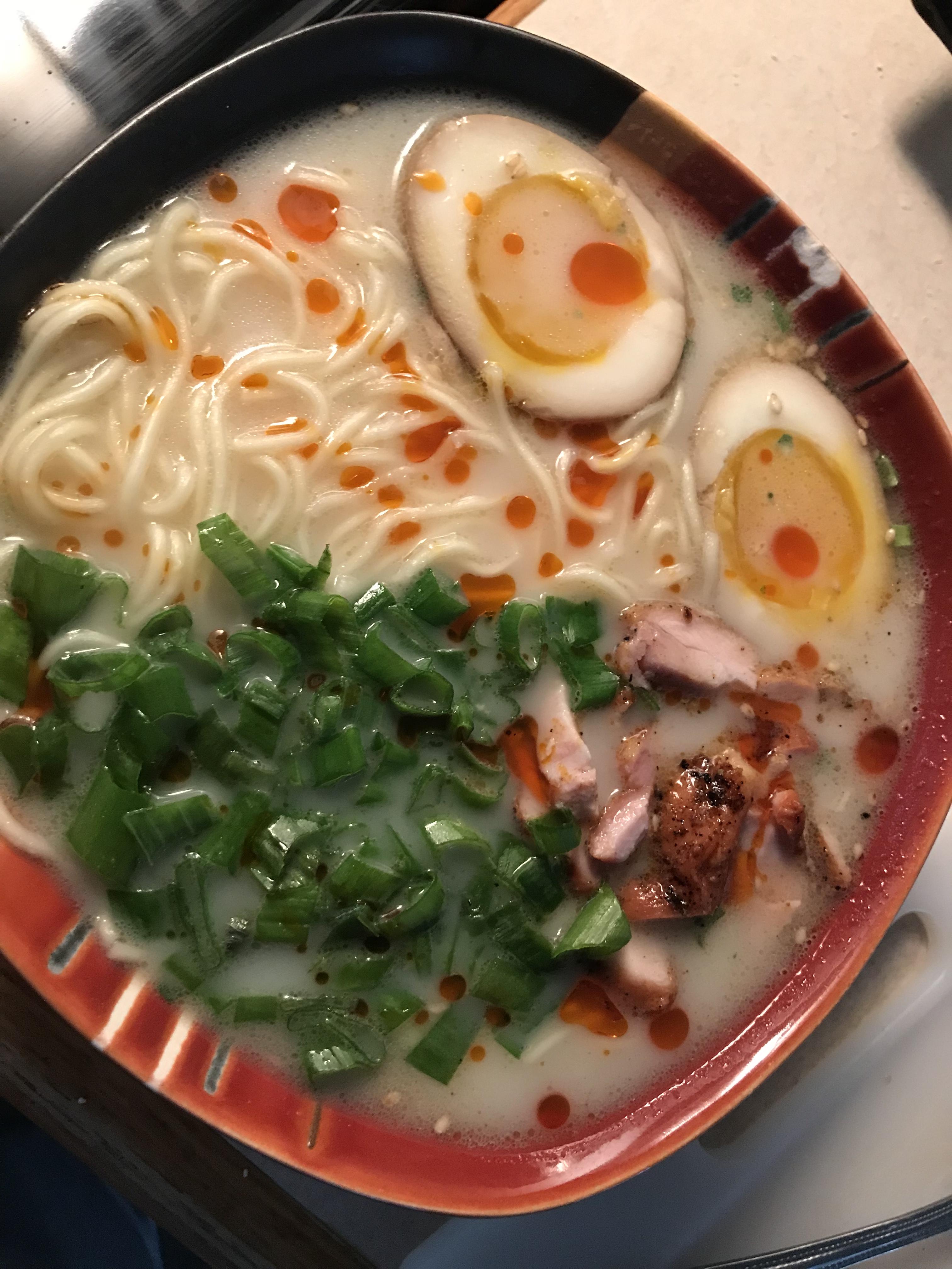 “Instant” Nissin Raoh Tonkotsu with an egg, some leftover smoked
