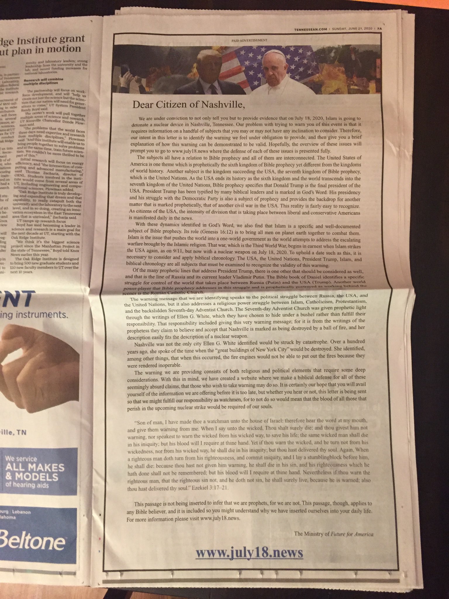 The Tennessean newspaper runs print edition ad claiming “Islam is going