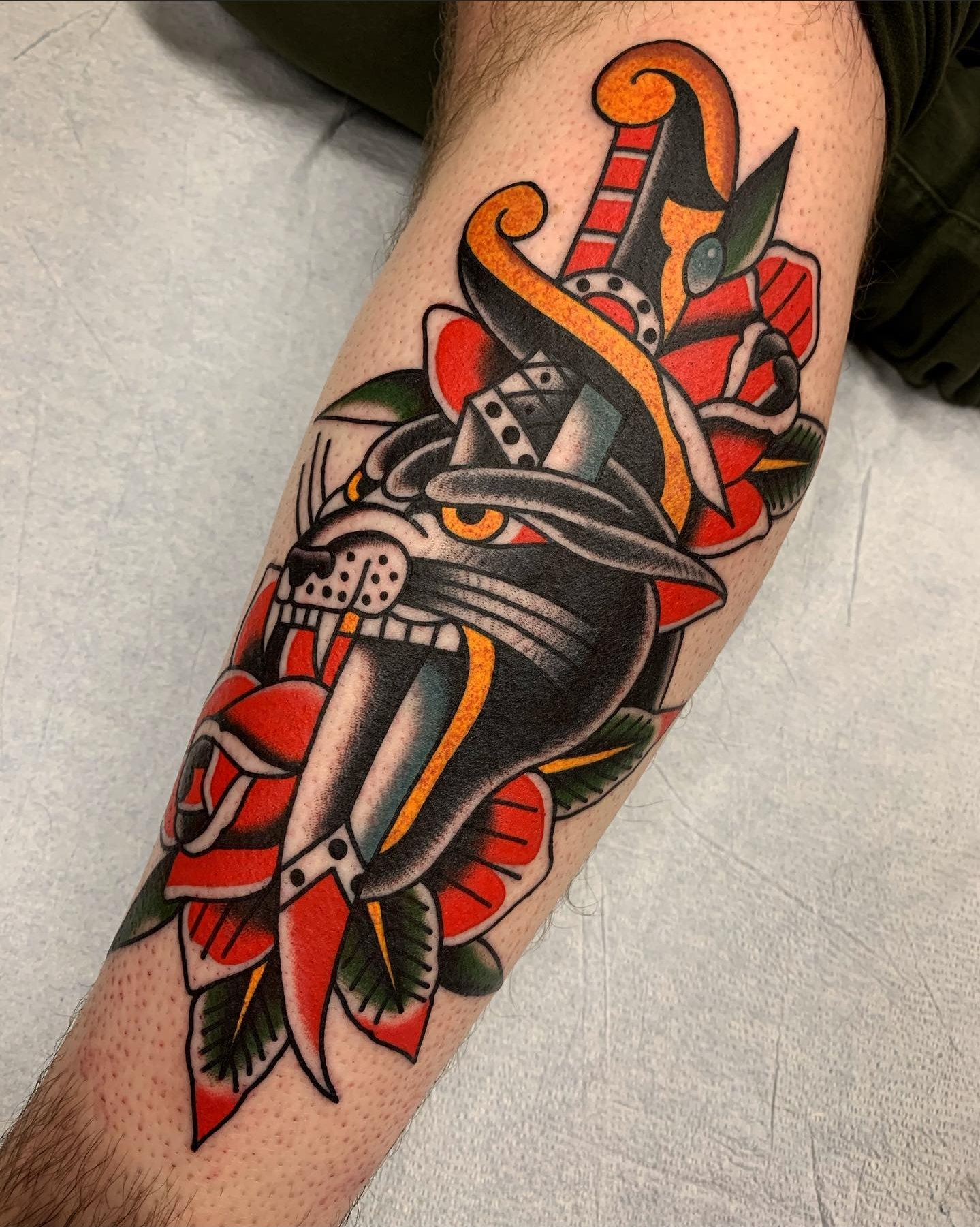 Panther and Knife. Tattoo done by Jimmy Snaz working out of Speakeasy