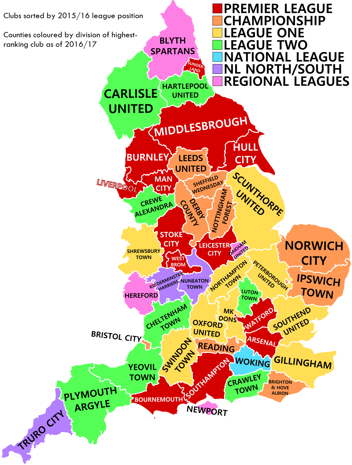 Map showing the best club from each English county accorded to their