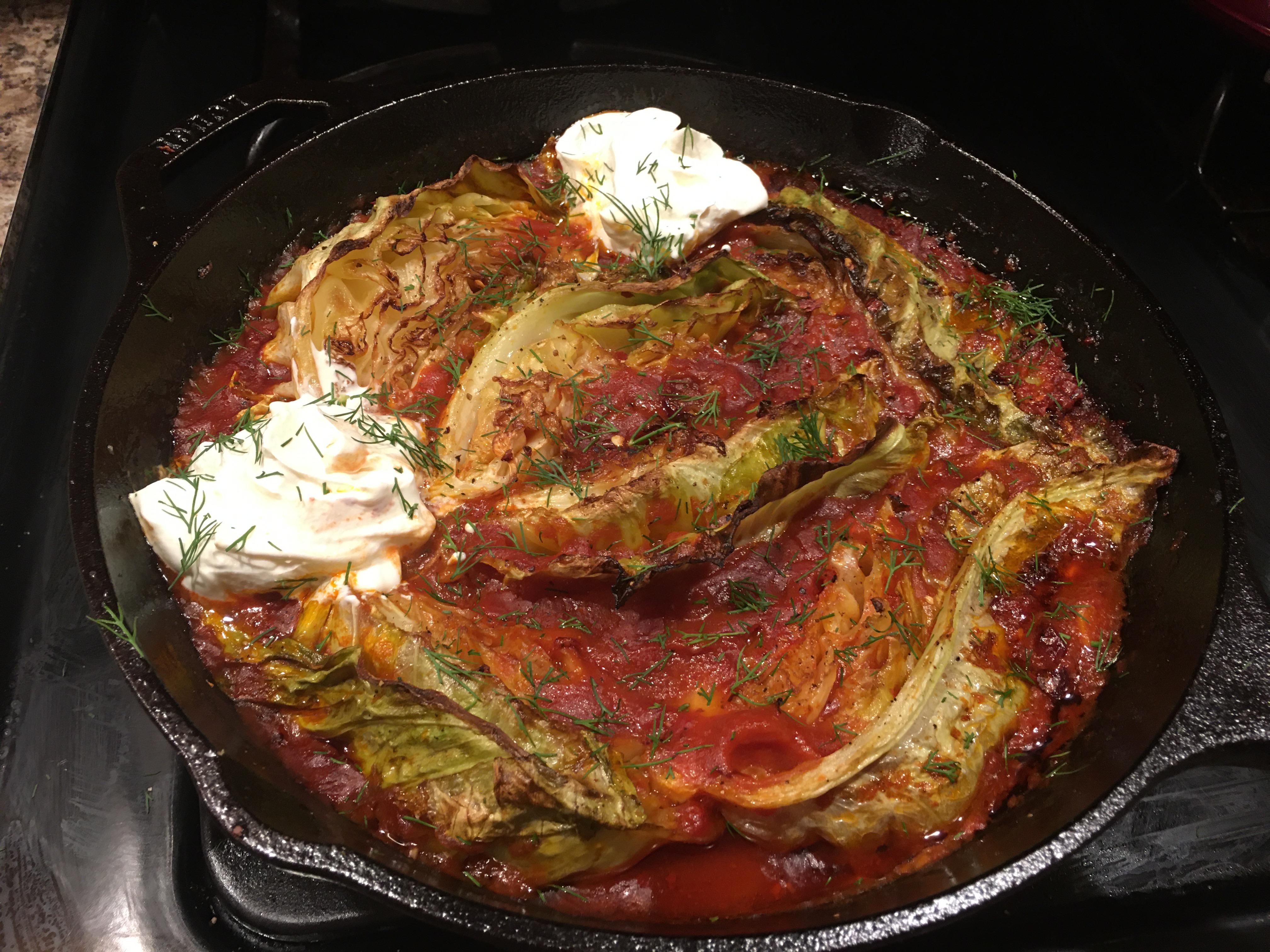Carmelized cabbage in spicy tomato sauce from Bon Appetit’s “healthyish