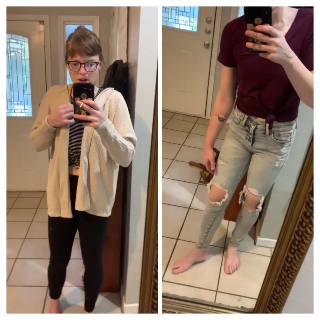 Aubrey explains that her knees and hip hurt wearing jeans. Also says