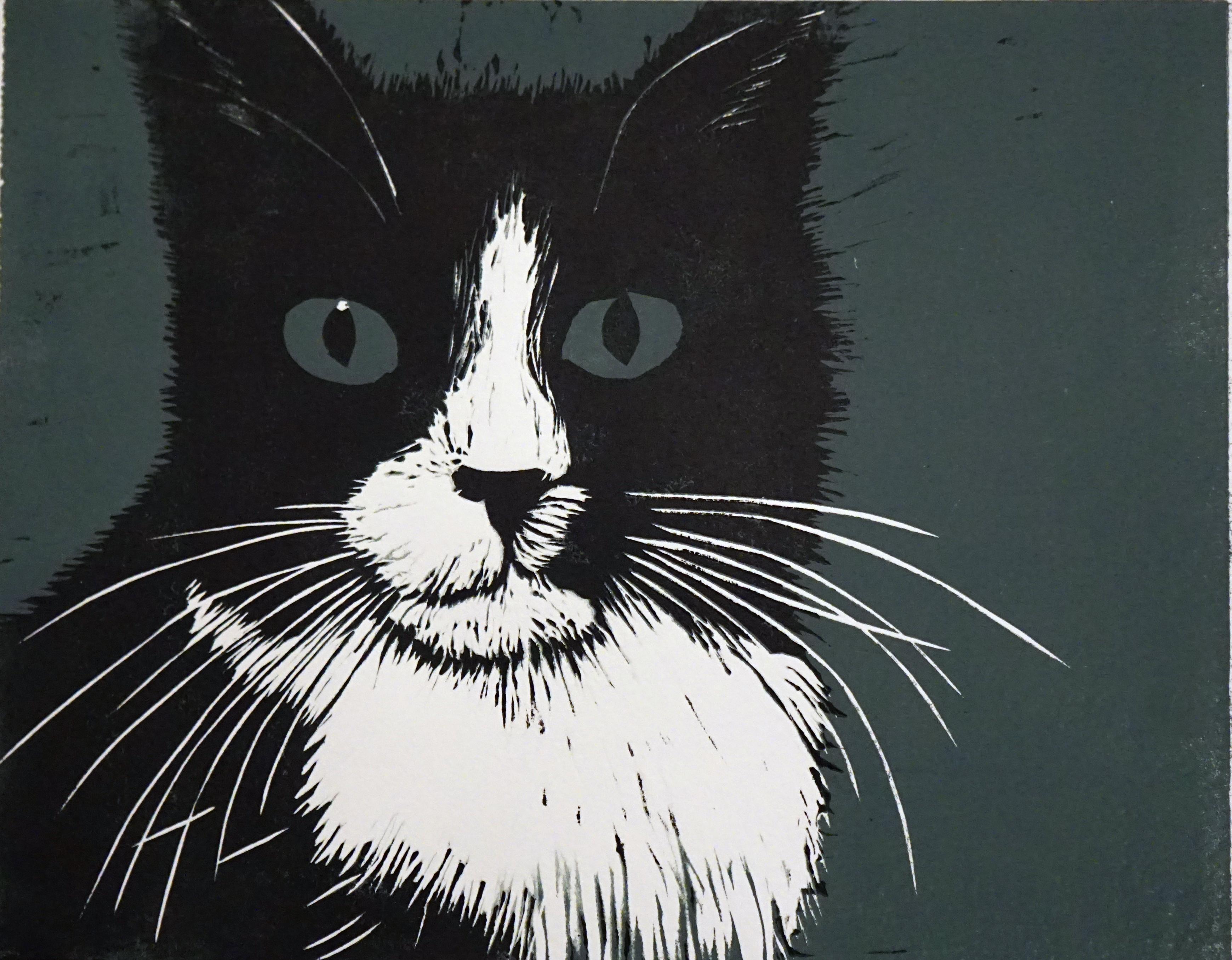 Reduction Linocut of Rosie the cat r/printmaking