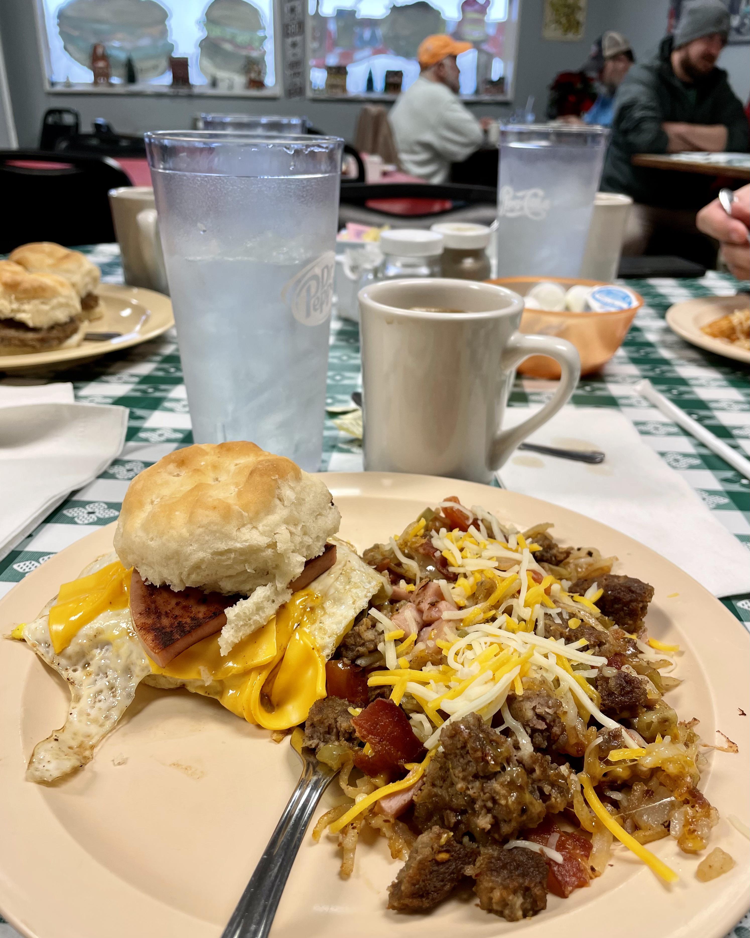 Fried bologna biscuit and loaded hash browns. I was definitely called