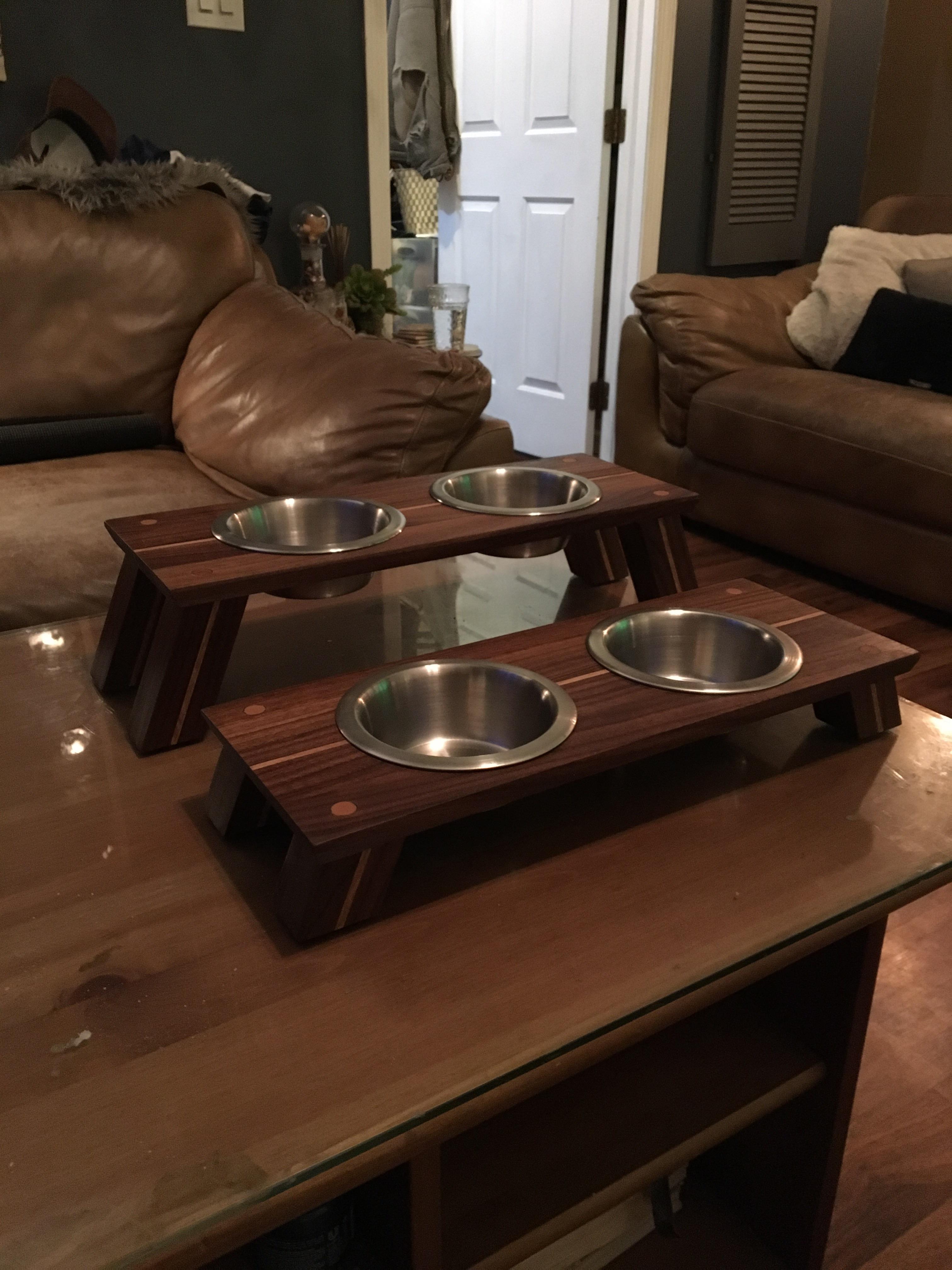 Walnut and white oak dog trays I made for a friend's dog and new puppy