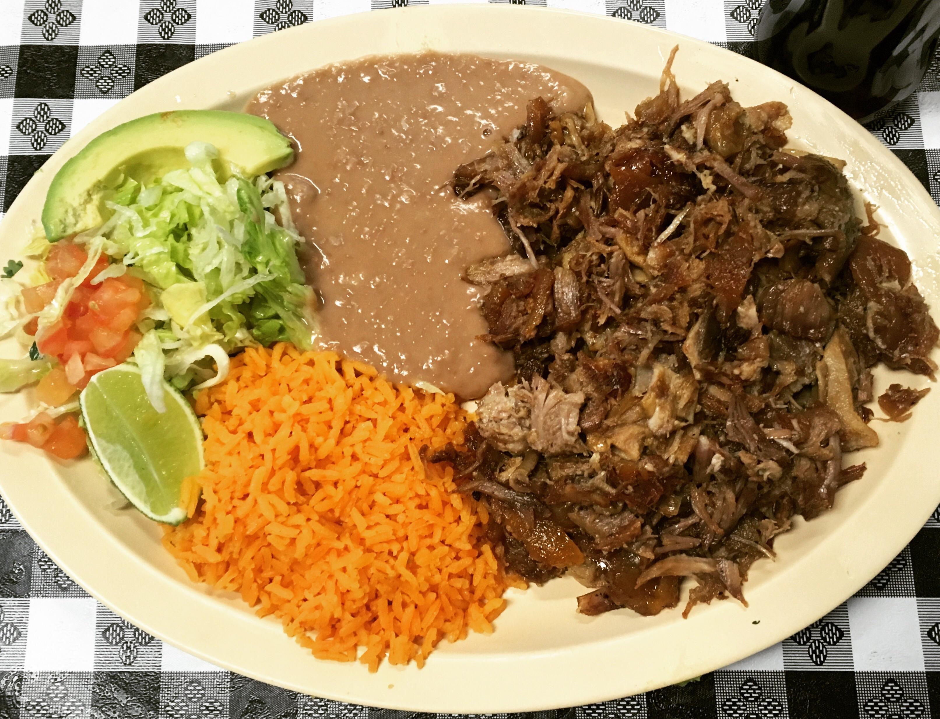 [I ATE] Carnitas (Mexican Slow Cooked Pulled Pork) with Rice, Beans and
