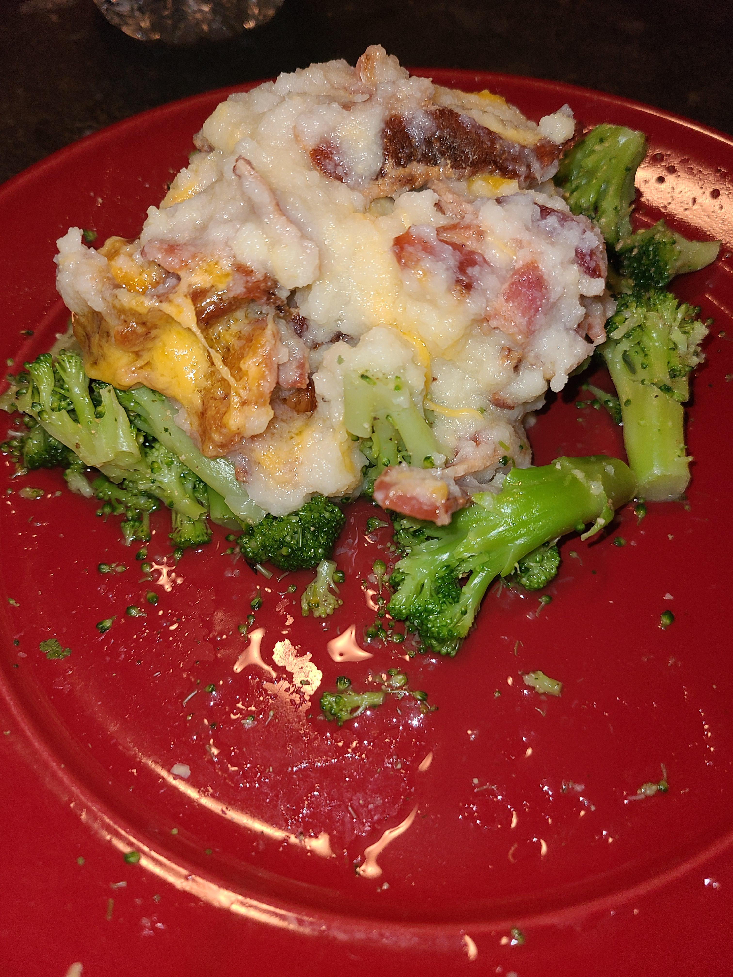 Frozen cauliflower mash, precooked bacon, cheddar cheese over freezer