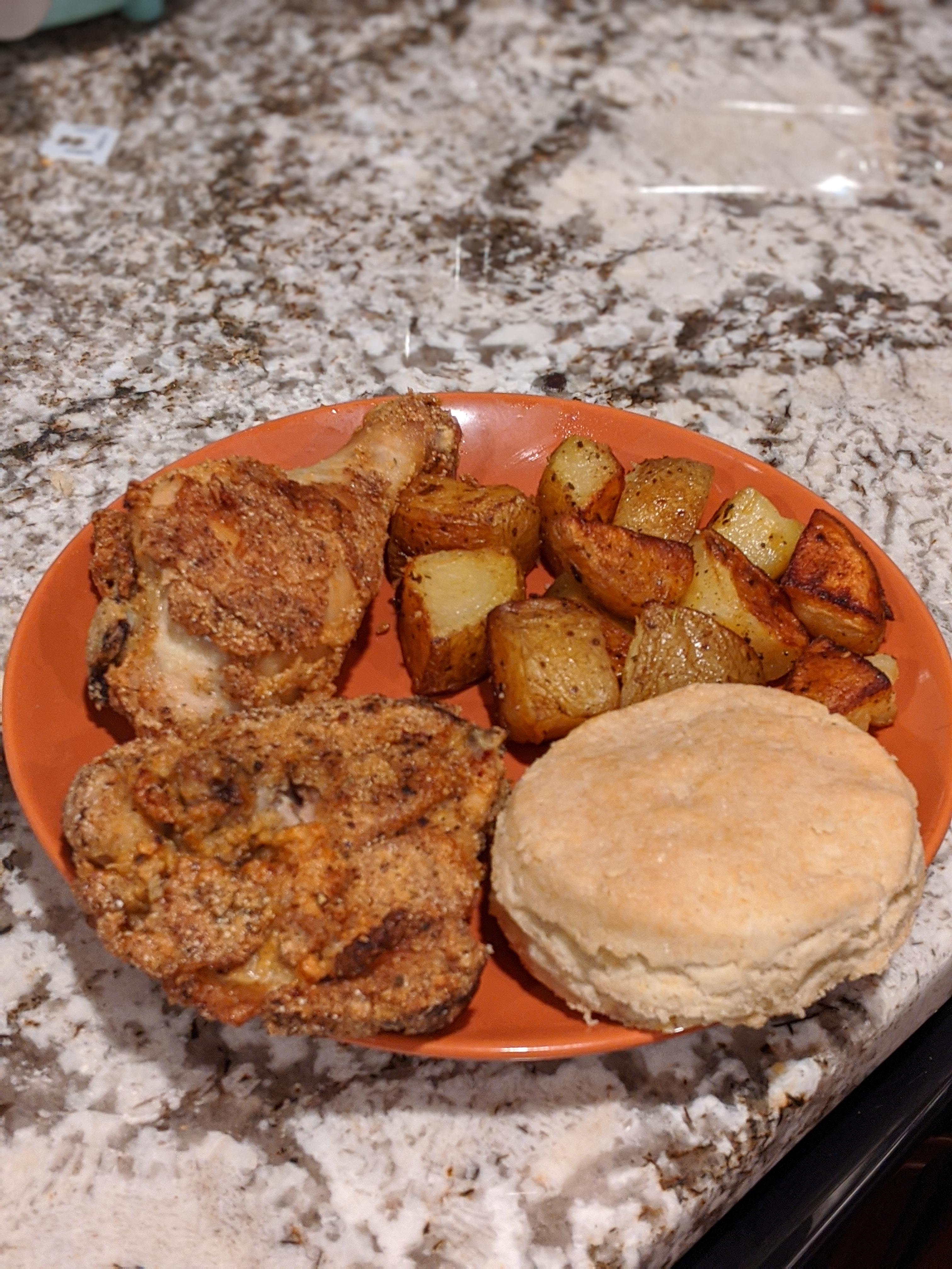 I made cornmeal oven fried chicken with roasted potatoes and GF
