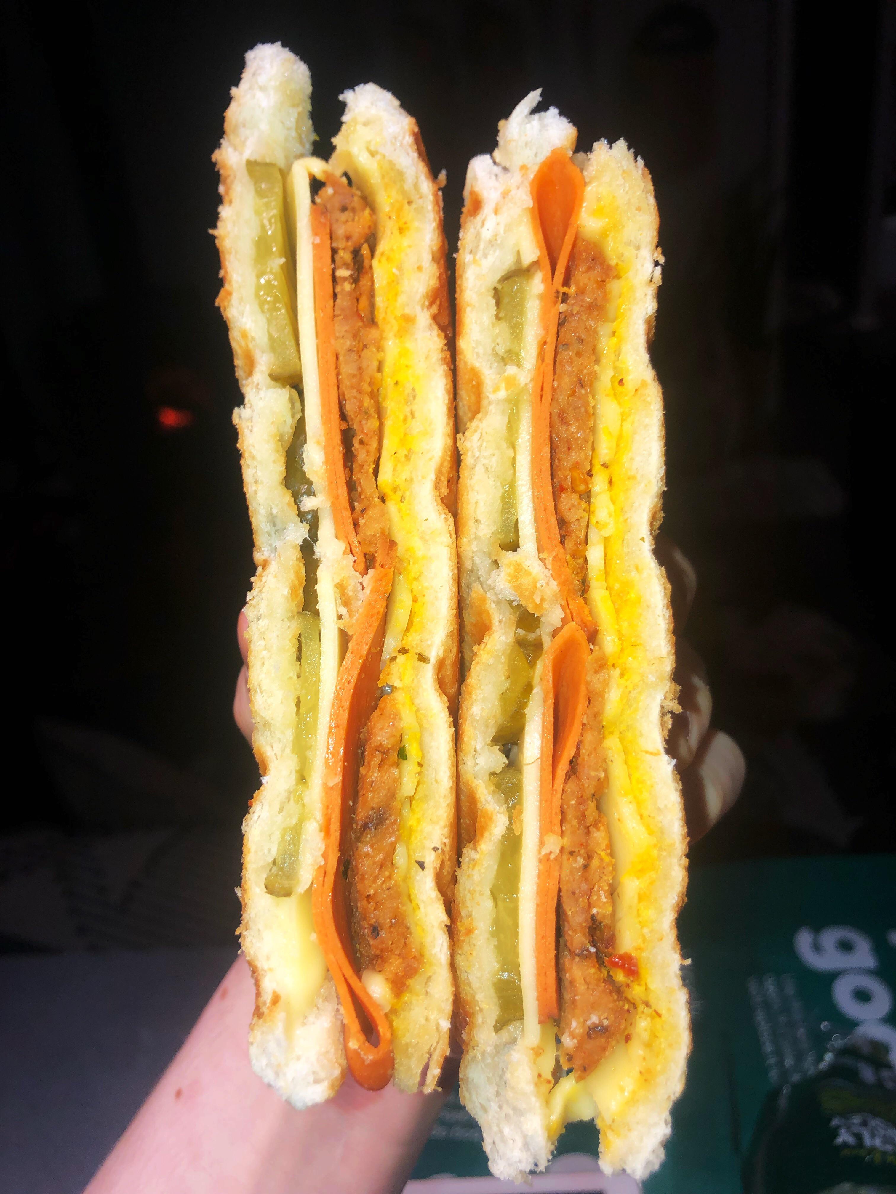 home made Cubano sandwich with tofurky smoked ham, green vie smoked