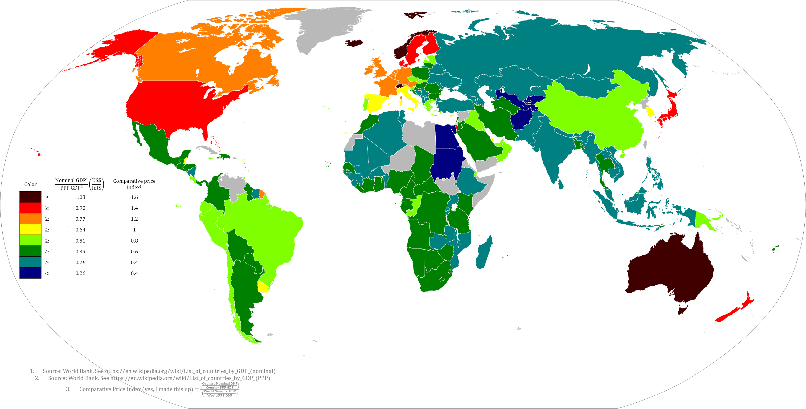 Countries by ratio of Nominal GDP and PPP GDP r/MapPorn