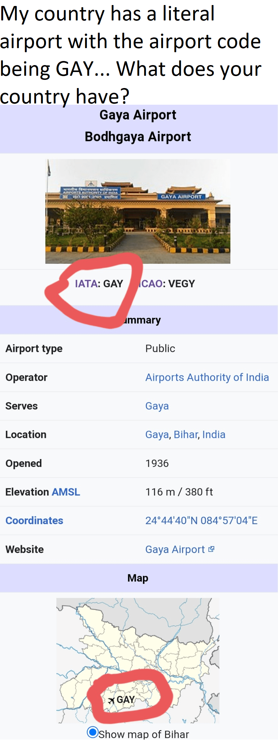 My country literally has a GAY AIRPORT. (Gaya Airport's airport code is