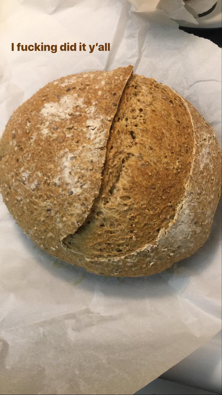 My first sourdough attempt with no Dutch oven (it tasted super sour