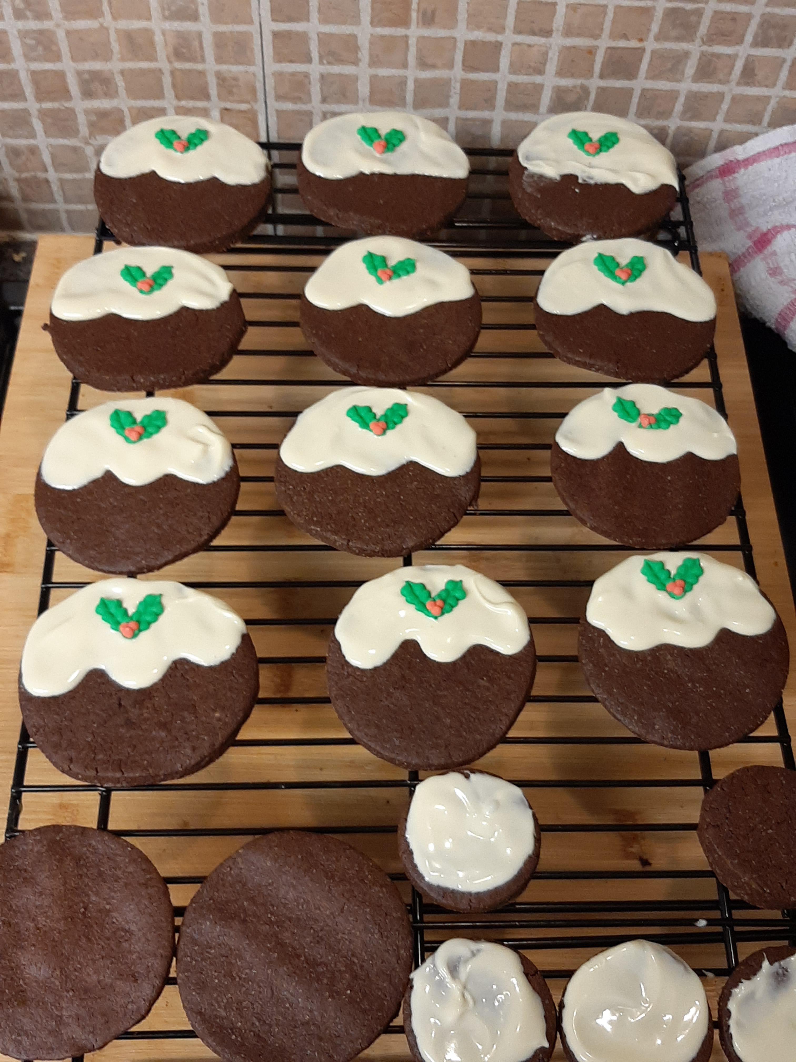 Christmas pudding sugar cookies! The white topping was way harder to