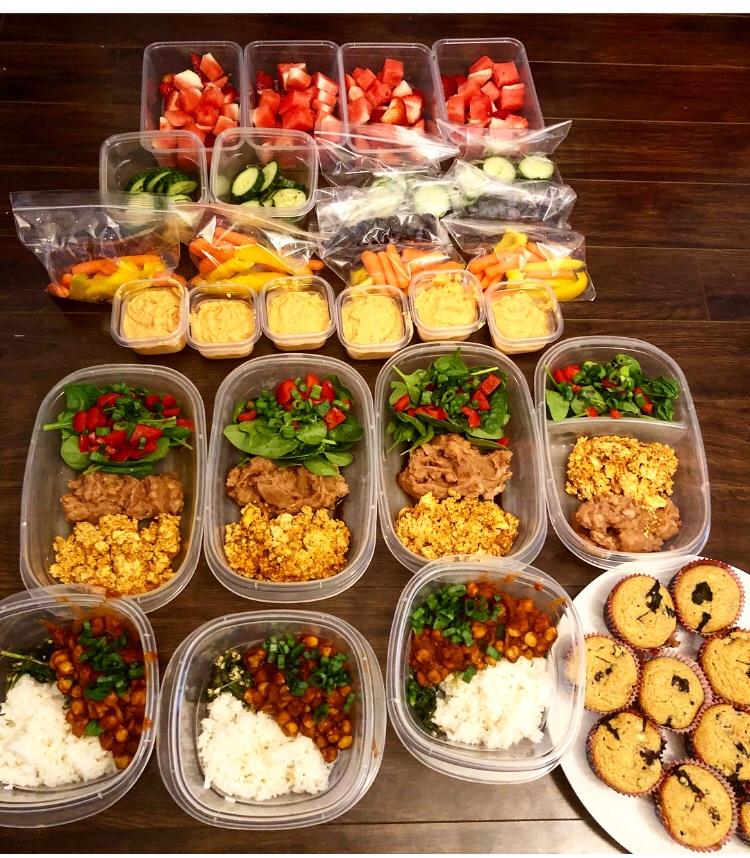 Plant based meal prep! Fruit, vegetables, homemade hummus, tofu taco bowls, chickpea curry