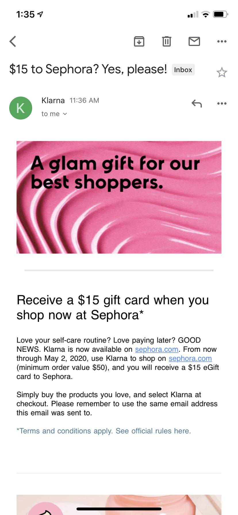 Spend 50 at Sephora via Klarna, Get 15 Gift Card (May Be Targeted