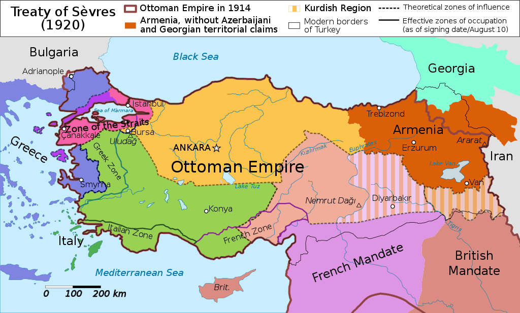 Borders of Turkey according to the Treaty of Sèvres (1920) which was annulled and replaced by
