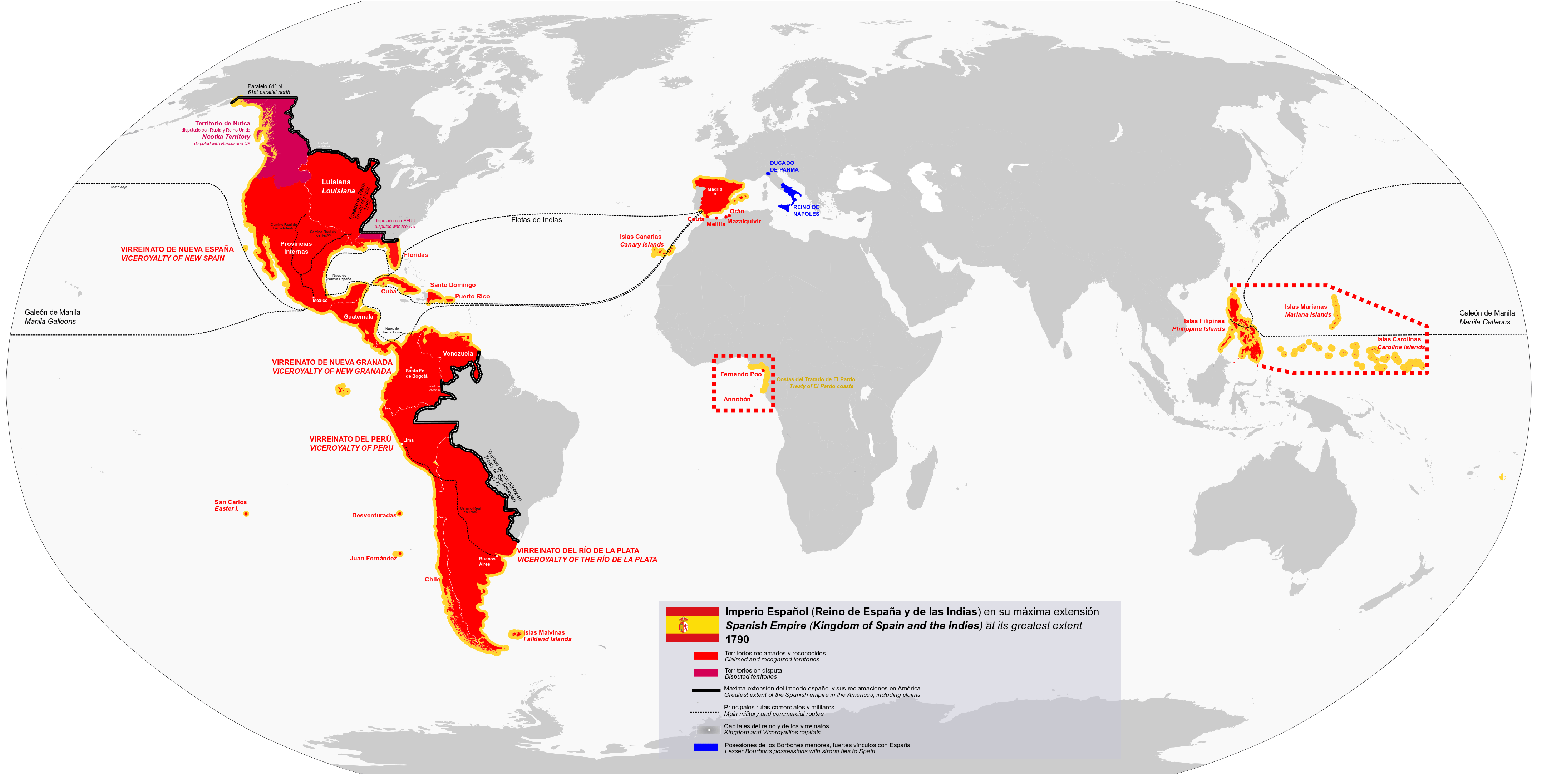 Spanish Empire at its greatest extent (1790) r/MapPorn