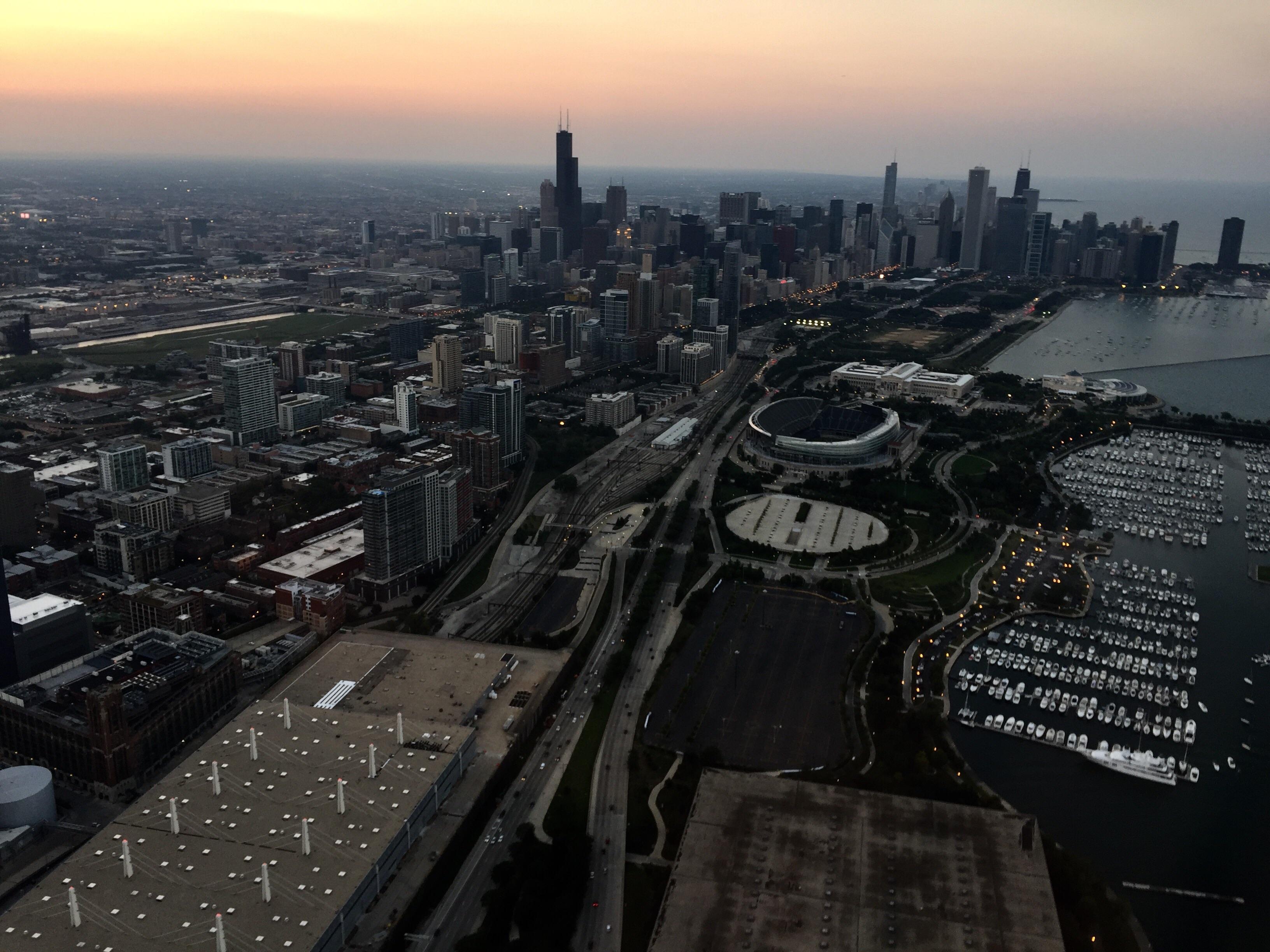 Sunset helicopter view of downtown Chicago. r/chicago