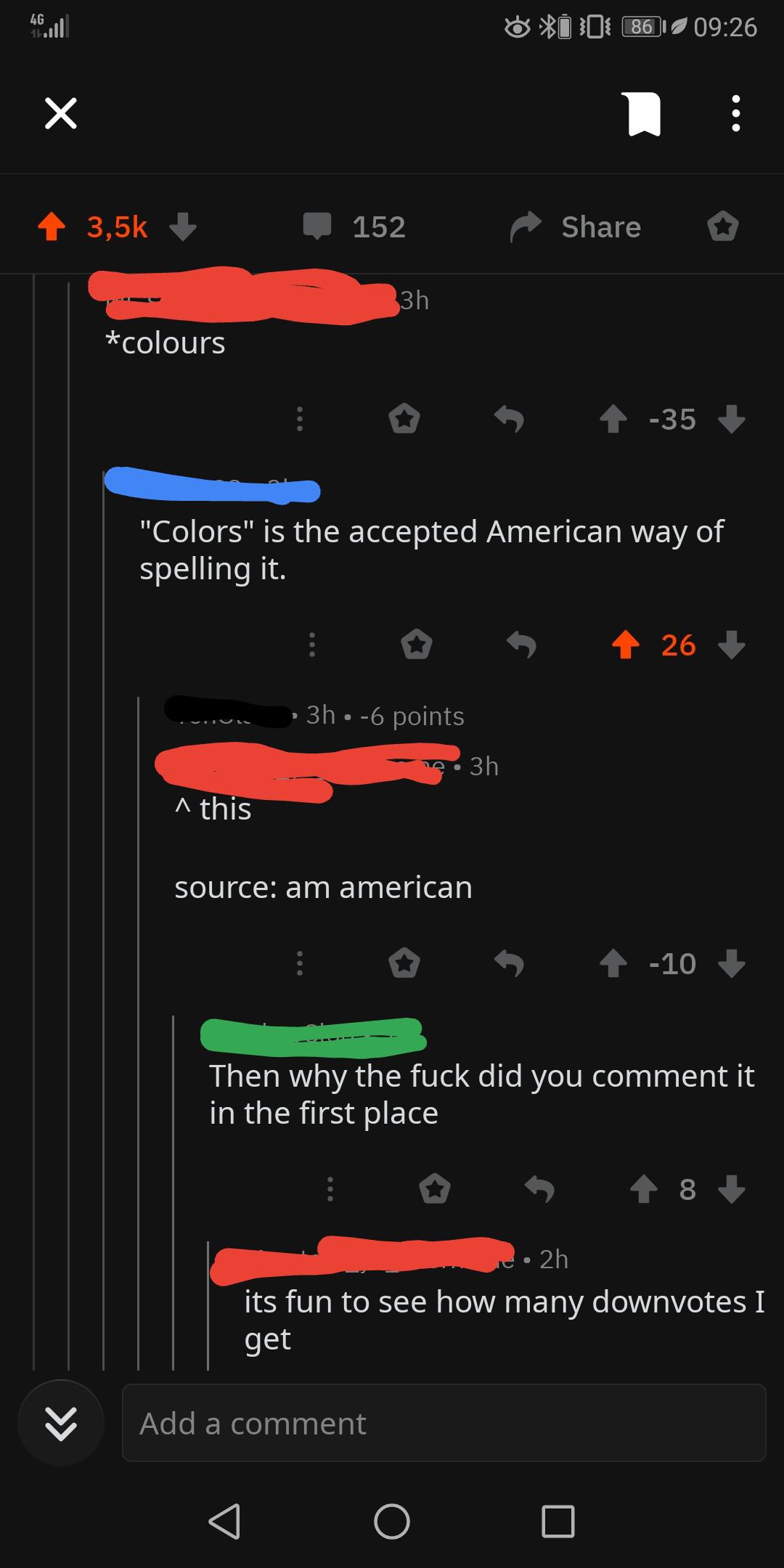 American corrects the spelling of "color" to "see how many downvotes he can get" facepalm
