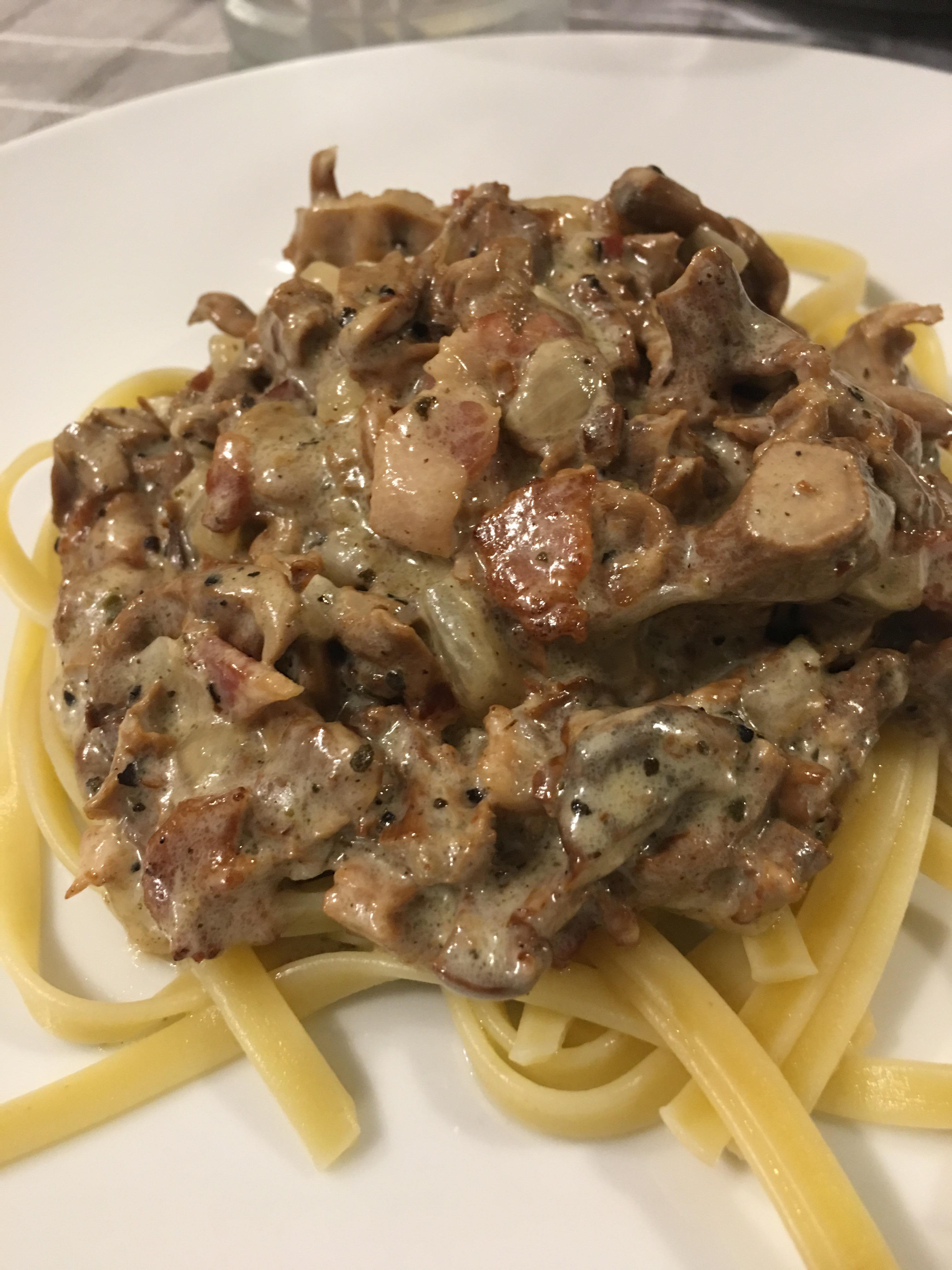 [Homemade] foraged chanterelle fettuccine with smoked bacon and onions
