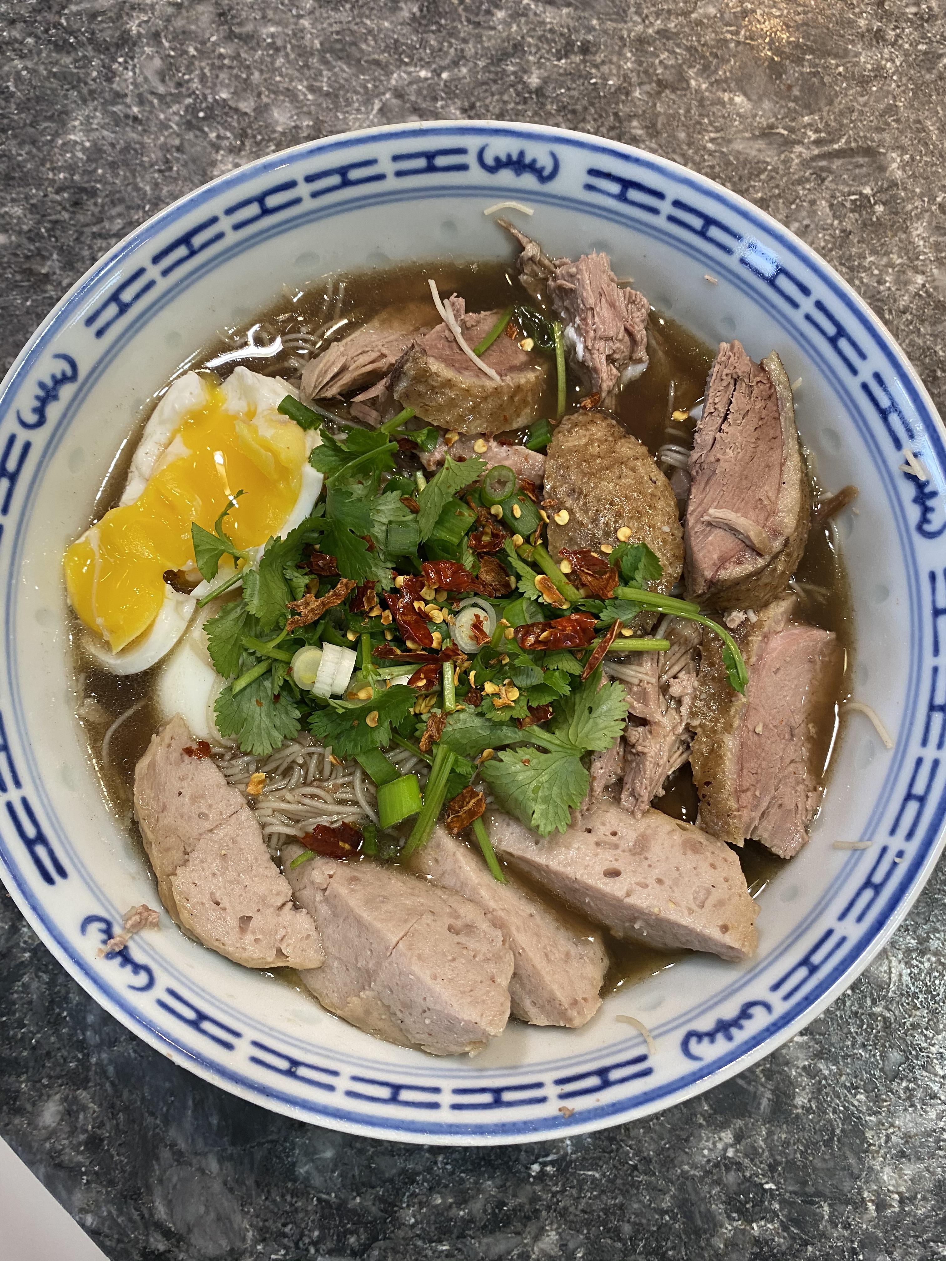 Homemade pho with duck, beef meatballs, and soft boiled egg r/FoodPorn
