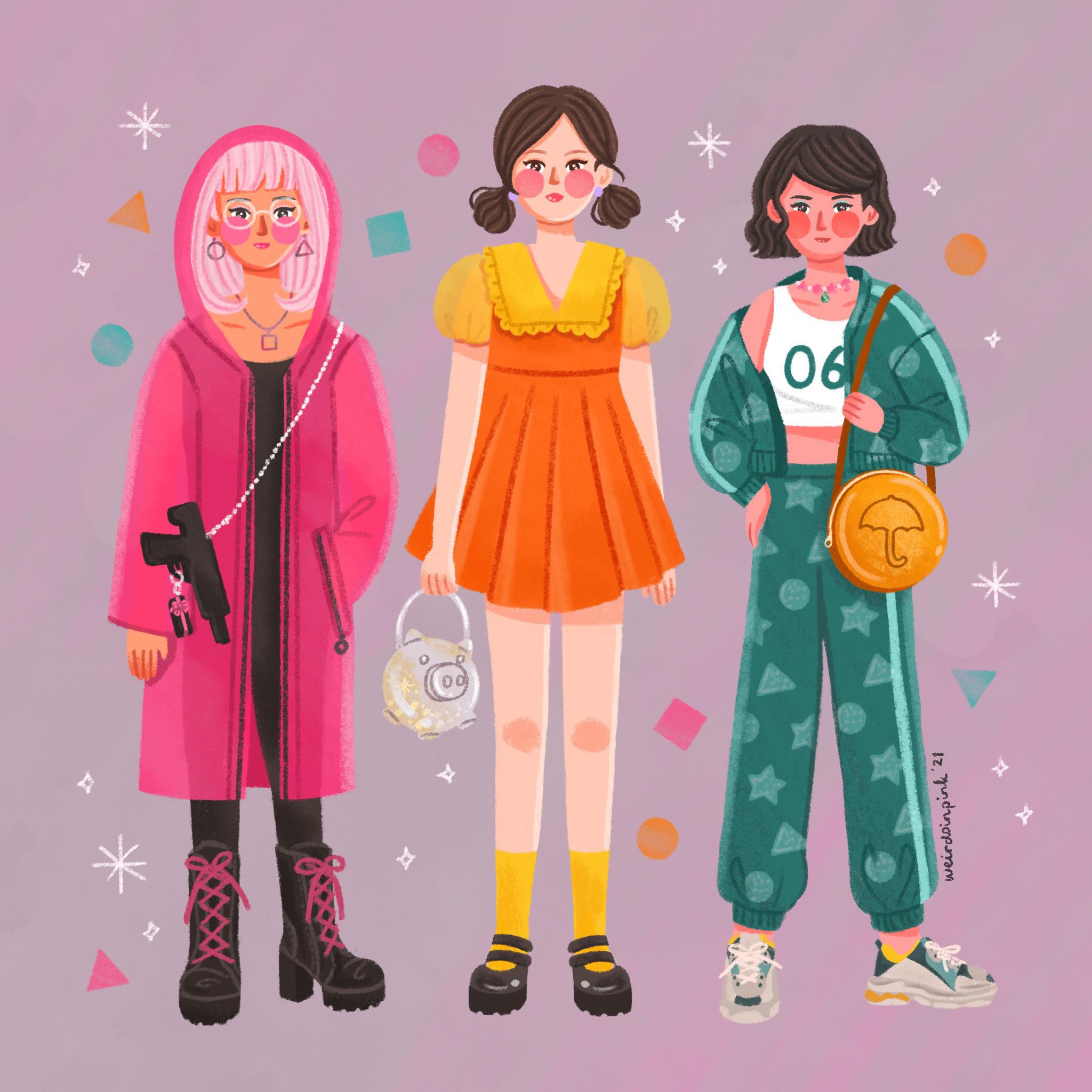 I made Squid Game fashion art for this year’s Halloween ⭐️🦑☂️🎀 r